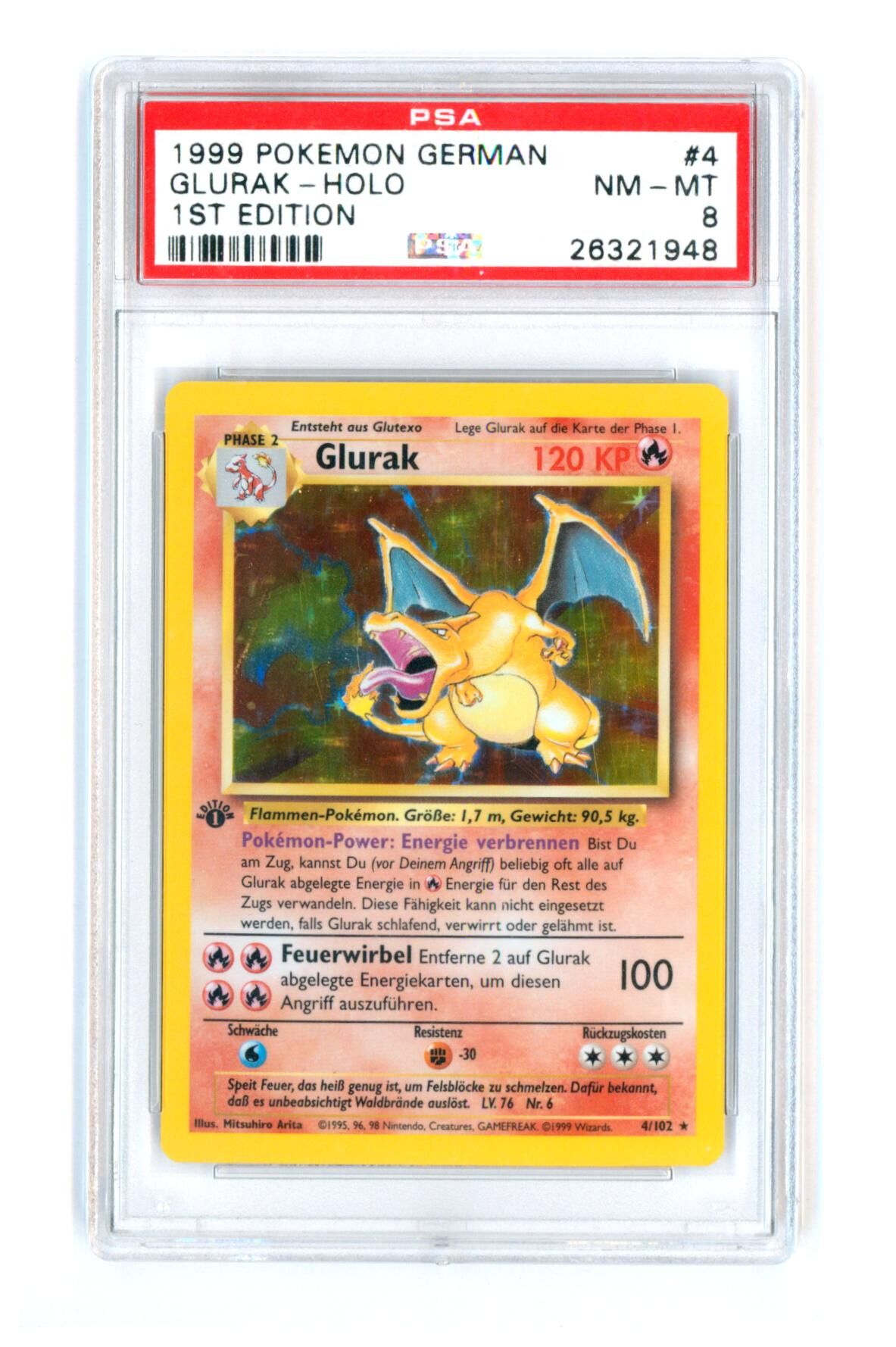Glurak 4/102 - 1st Edition Base Set - Holo - PSA 8 NM-MT - Pokémon Glurak 4/102 aus dem Base Set, 1st Edition Holo, gegradet mit PSA 8