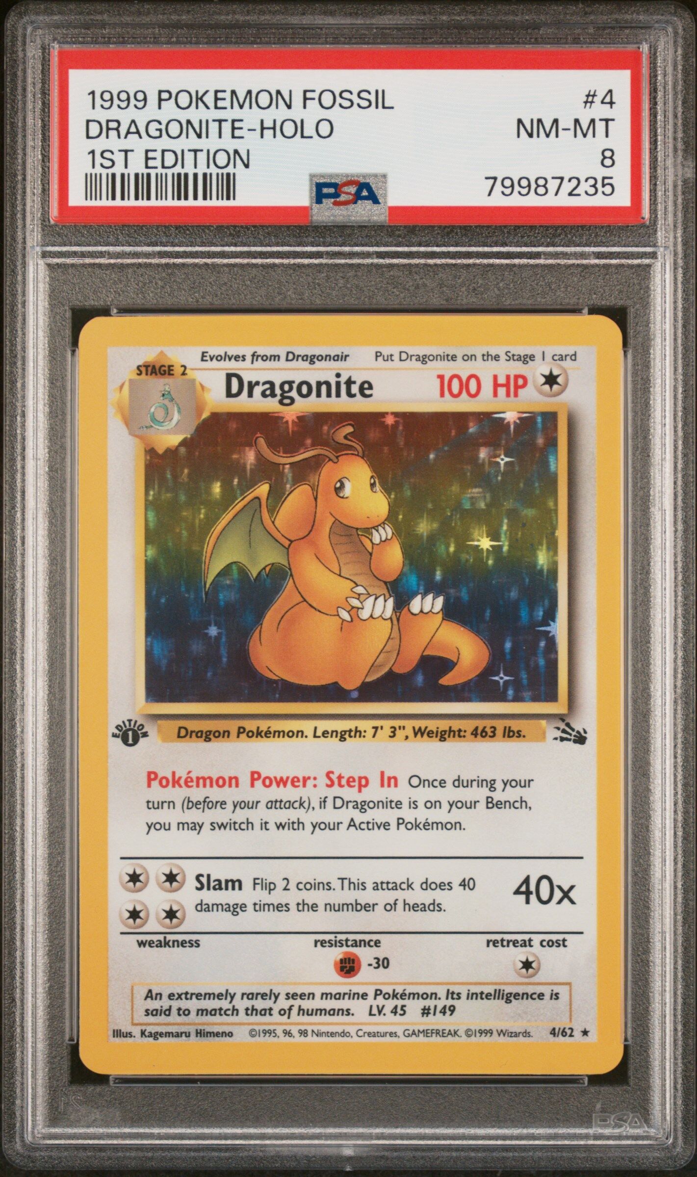 Dragonite 4/62 - Fossil - 1st Edition - Holo Rare - PSA 8 NM-MT- Pokémon