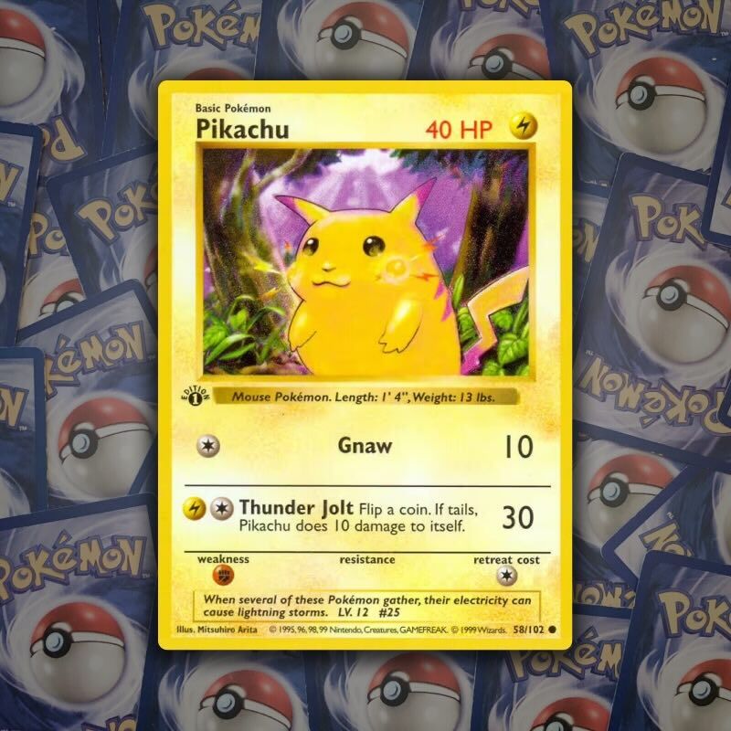 Pikachu Pokémon-Karte aus dem Base Set 1st Edition, Pokémon der 1. Generation au Pikachu Pokémon card from the Base Set 1st Edition, a Pokémon of the 1st generation from Kanto