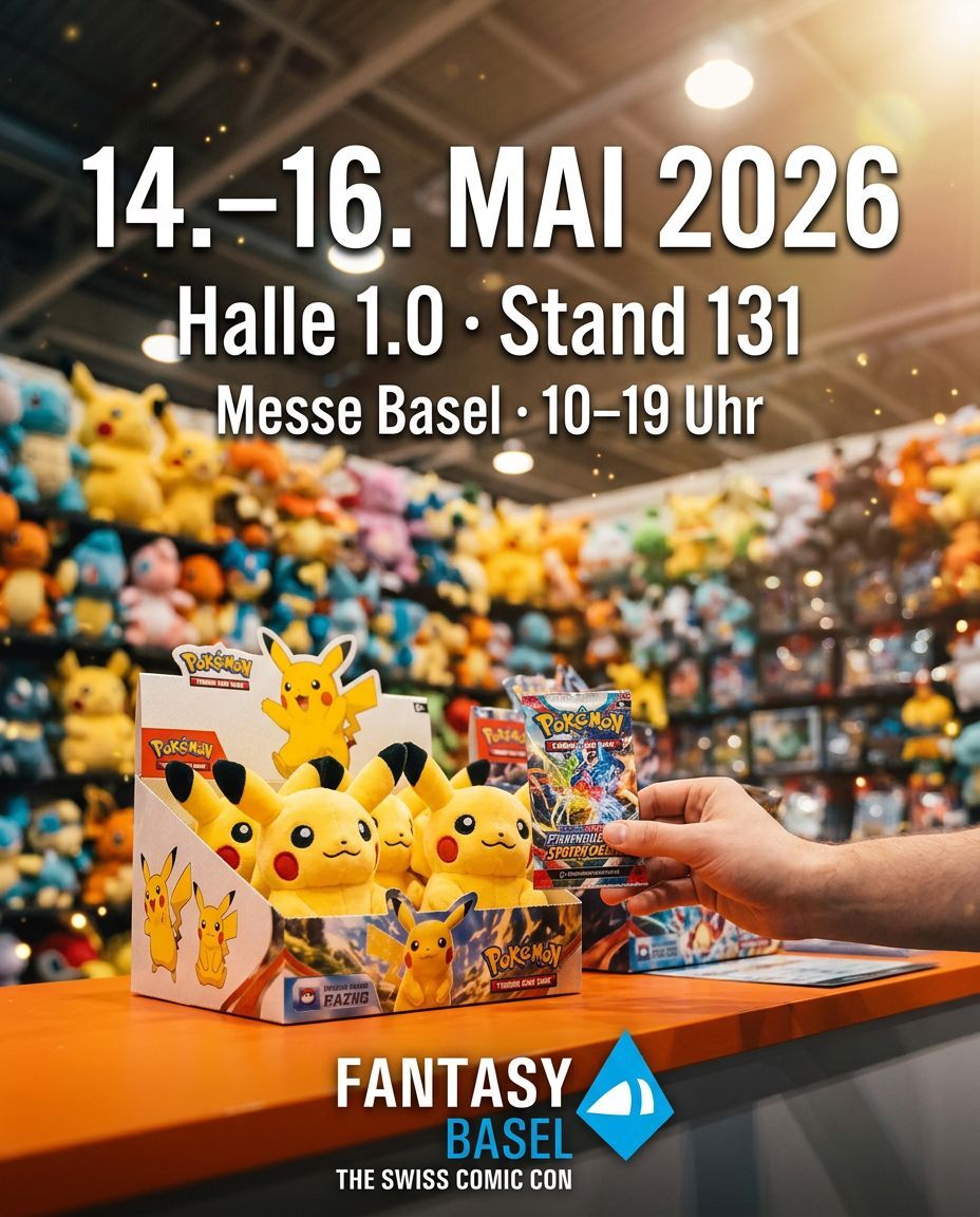 Fantasy Basel 2026 x AMAZINGTOYS® Store Werbegrafik zur Fantasy Basel 2026 mit Pikachu-Plüschfiguren, Booster und AMAZINGTOYS® Stand 131 in Halle 1.0