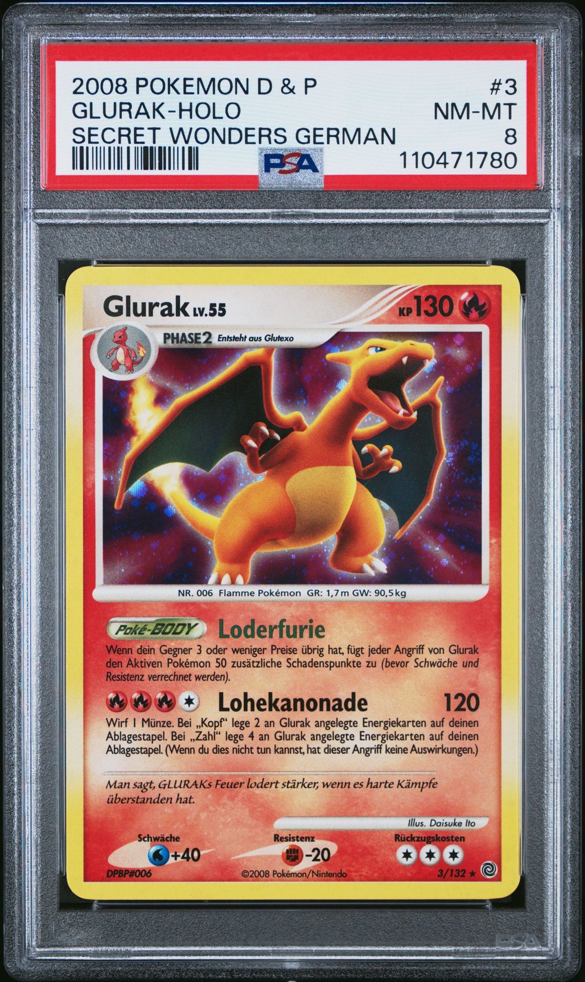 2008 POKEMON GERMAN DIAMOND & PEARL SECRET WONDERS 3 GLURAK-HOLO - PSA 8 NM-MT - Pokémon