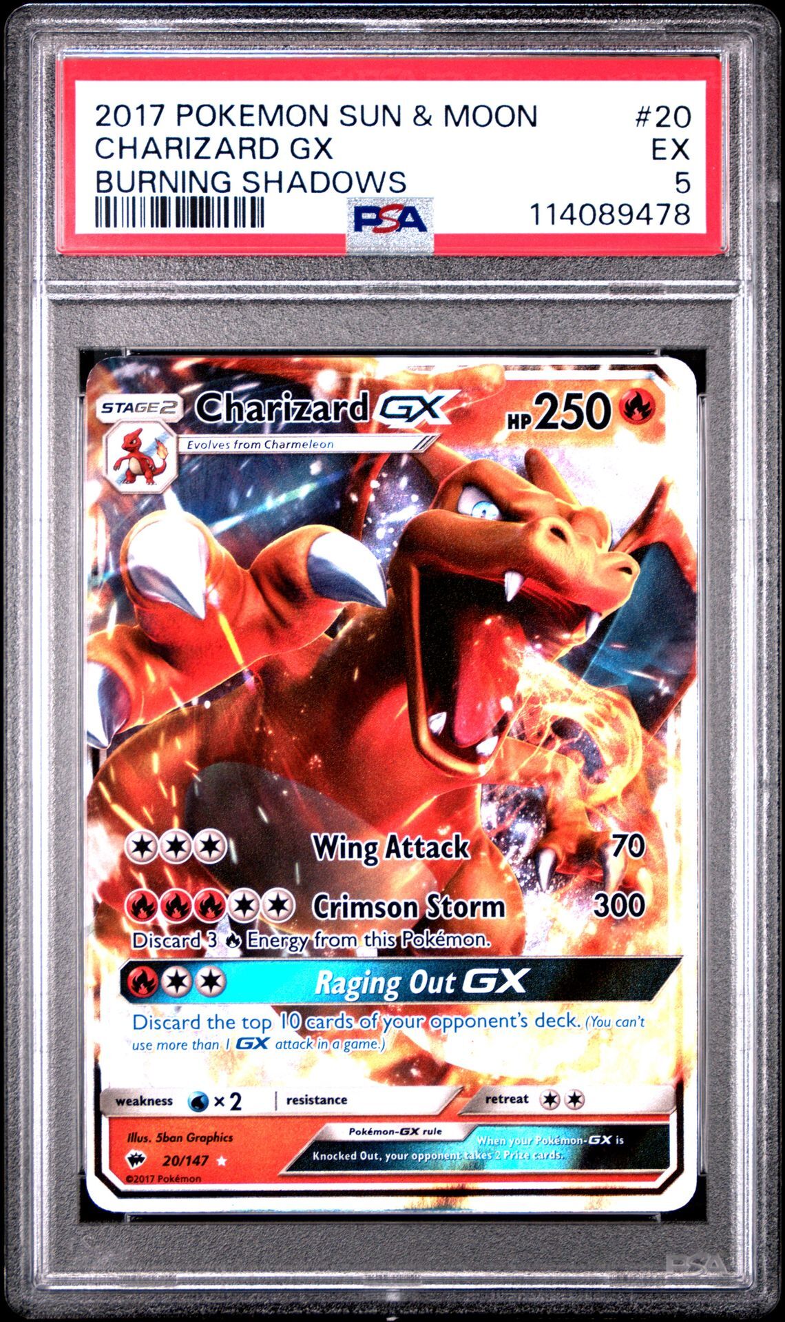 2017 POKEMON SUN & MOON BURNING SHADOWS 20 CHARIZARD GX - PSA 5 EX - Pokémon