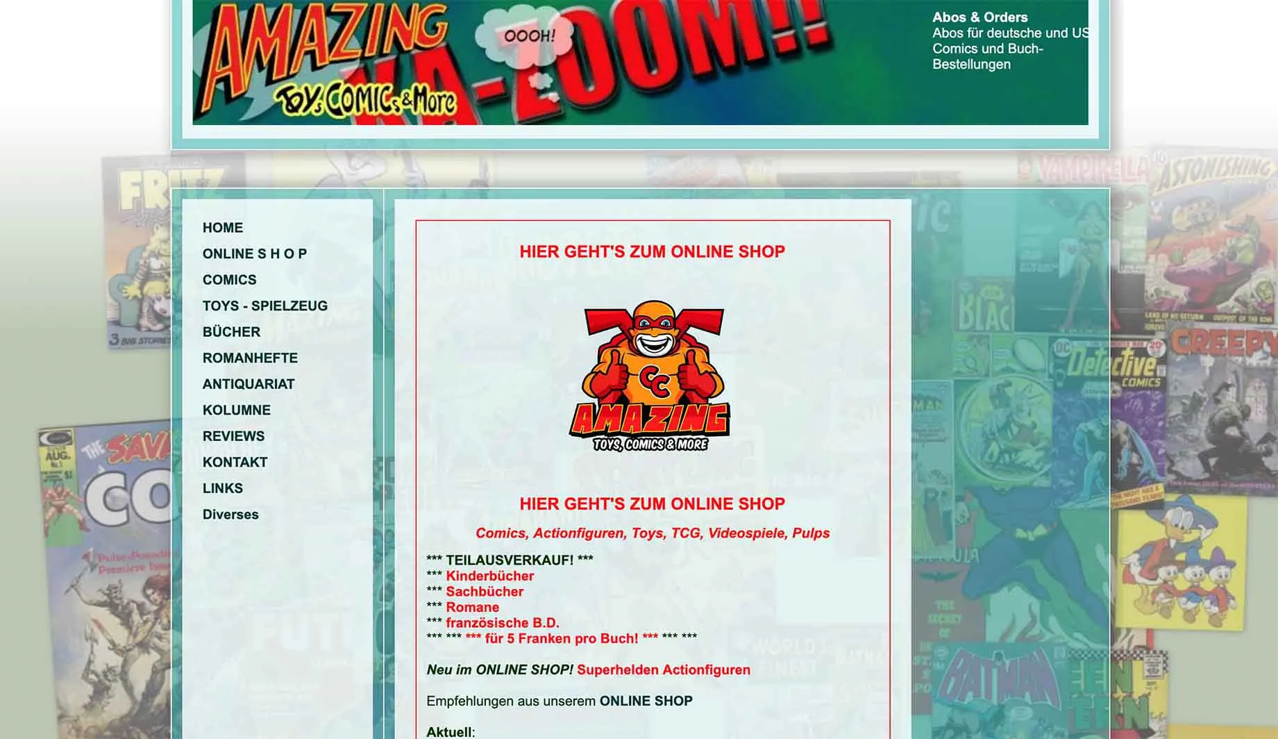 Webseite amazingtoys.ch ist umgezogen! Verblasster Screenshot der früheren Website von AMAZINGTOYS® mit Logo, Menü und Link zum Online-Shop