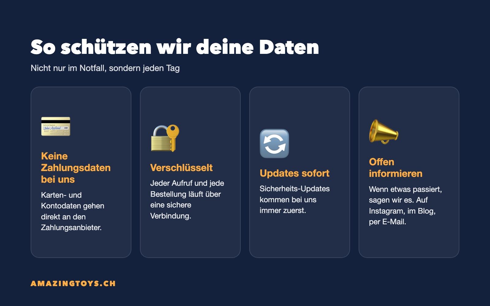 Grafik: So schützt AMAZINGTOYS Kundendaten, keine Zahlungsdaten, verschlüsselt, Updates, offen informieren