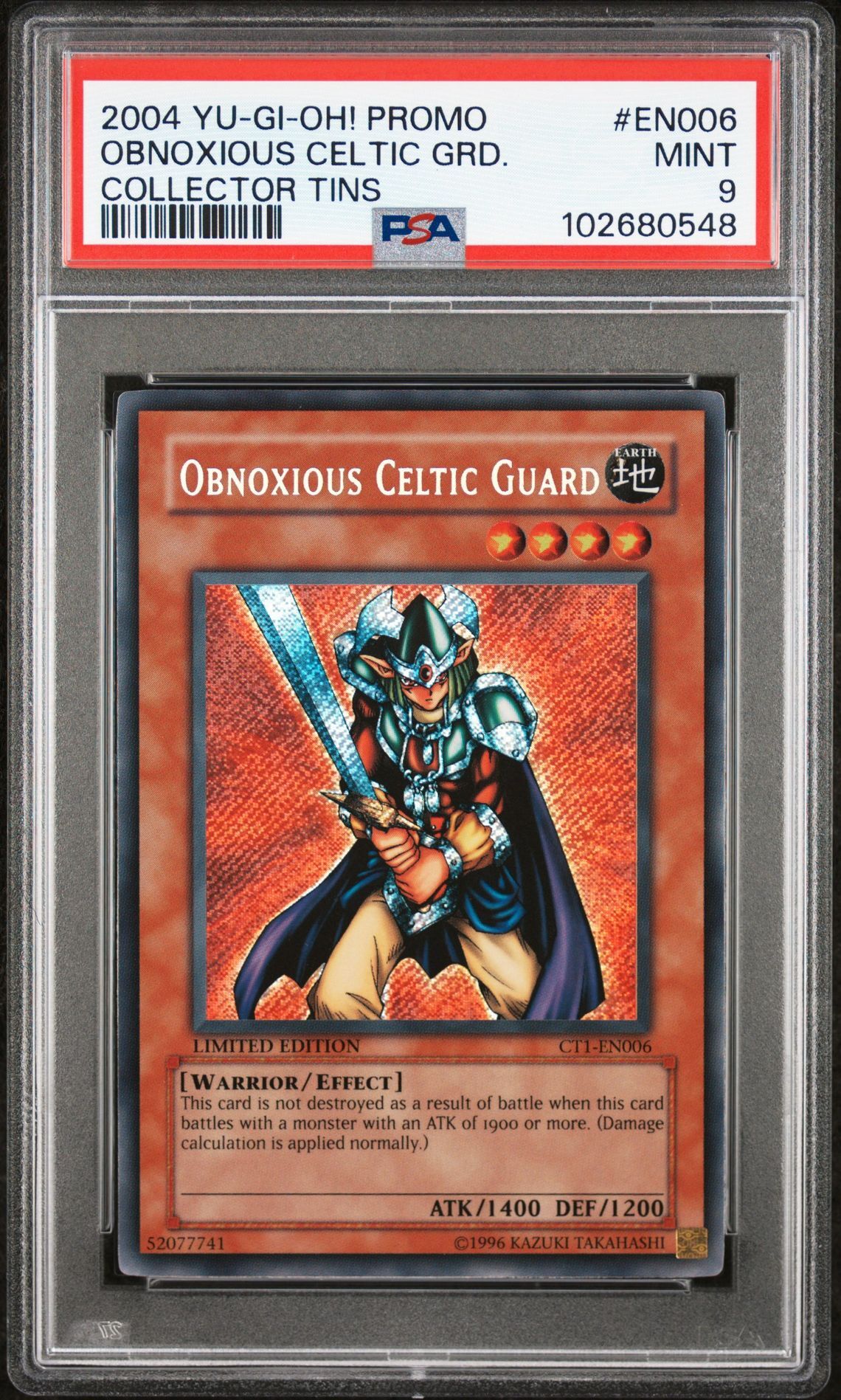 2004 YU-GI-OH! PROMO EN006 OBNOXIOUS CELTIC GUARD COLLECTOR TINS - PSA 9 MINT - Yu-Gi-Oh! 2004 YU-GI-OH! PROMO EN006 OBNOXIOUS CELTIC GUARD COLLECTOR TINS - PSA 9 MINT - Yu-Gi-Oh!