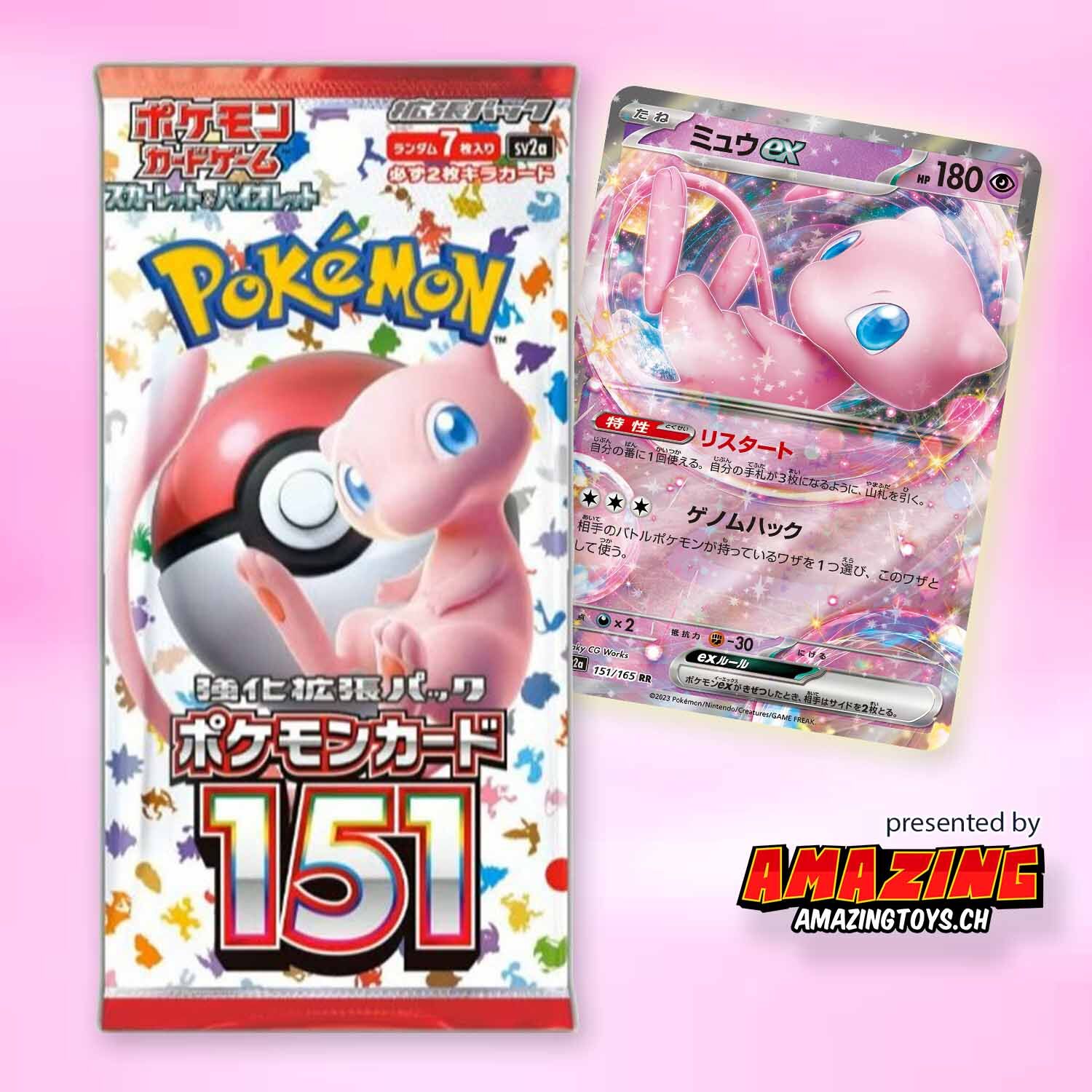 Enthüllung der Set-Liste für das Pokémon Karten-Set 151 Japanischer Booster des Pokémon-Kartensets 151 mit Mew neben einer glänzenden Mew-ex-Karte