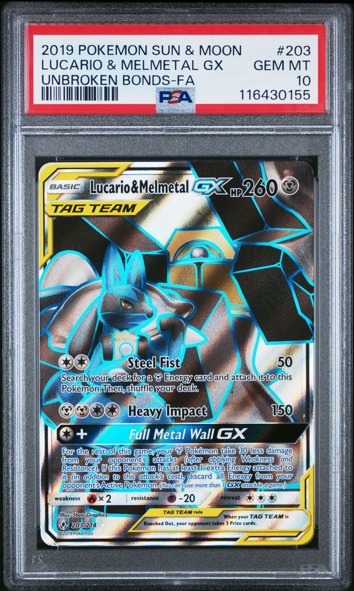 2019 POKEMON SUN & MOON UNBROKEN BONDS #203 LUCARIO & MELMETAL GX UNBROKEN BONDS-FA - PSA 10 GEM-MT - Pokemon 2019 POKEMON SUN & MOON UNBROKEN BONDS #203 LUCARIO & MELMETAL GX UNBROKEN BONDS-FA - PSA 10 GEM-MT - Pokemon