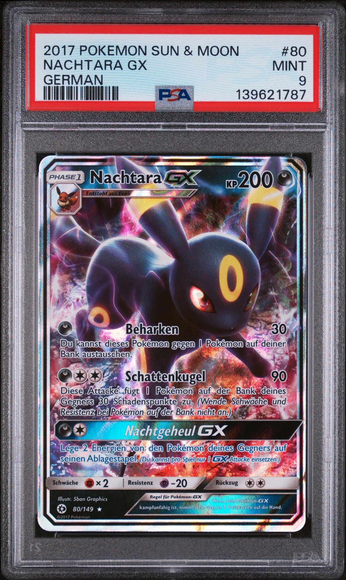 2017 POKEMON SUN & MOON #80 NACHTARA GX GERMAN - PSA 9 MINT - Pokemon