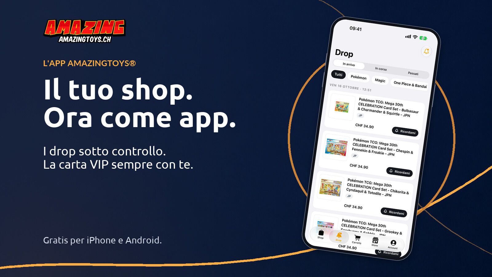 AMAZINGTOYS®-App Blog · hero · IT iPhone inclinato con la vera schermata Drop dell'app AMAZINGTOYS® su sfondo blu notte, accanto a “Il tuo shop. Ora come app.”