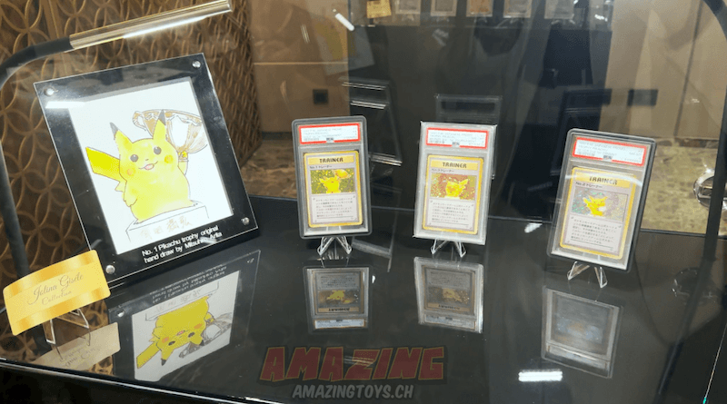 Original handgezeichnetes Pikachu von Mitsuhiro Arita mit den darauf basierenden Trophy Cards