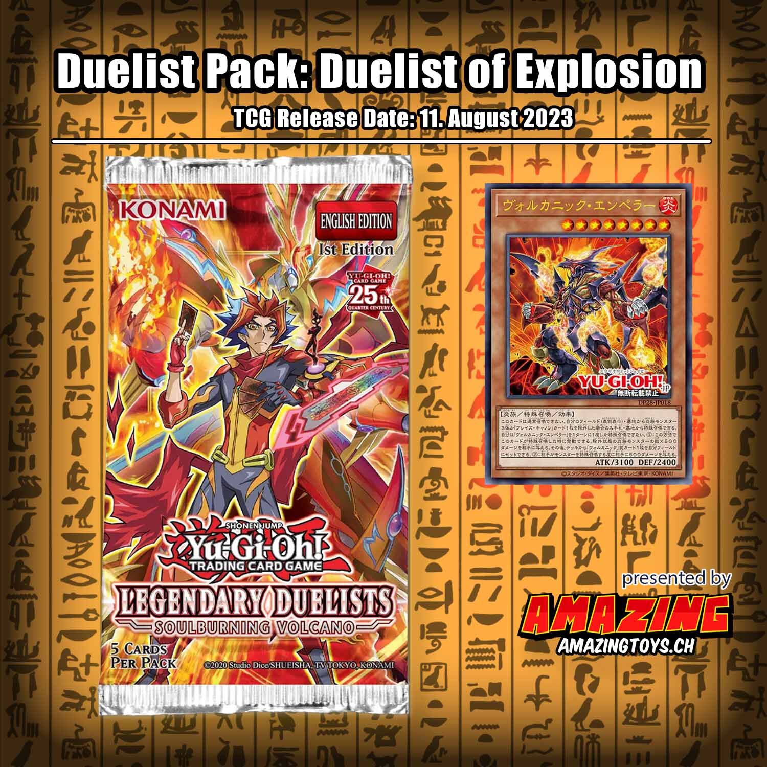 Entfache die Macht der Flammen: Legendary Duelists: Soulburning Volcano Booster von Yu-Gi-Oh! Legendary Duelists: Soulburning Volcano neben einer Karte vor Hieroglyphen-Hintergrund