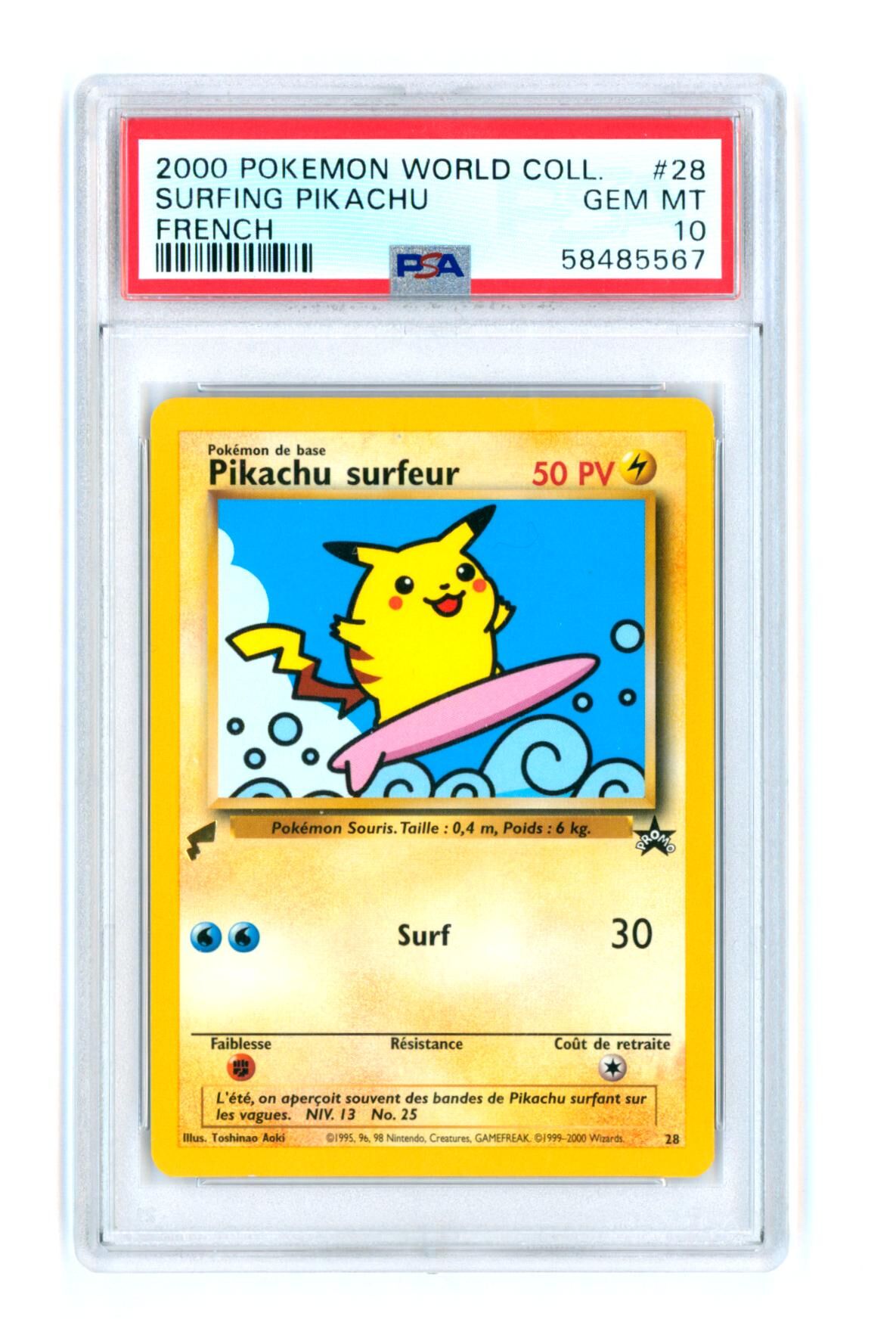 Surfing Pikachu #28 - French - World Collection - PSA 10 GEM MT - Pokémon