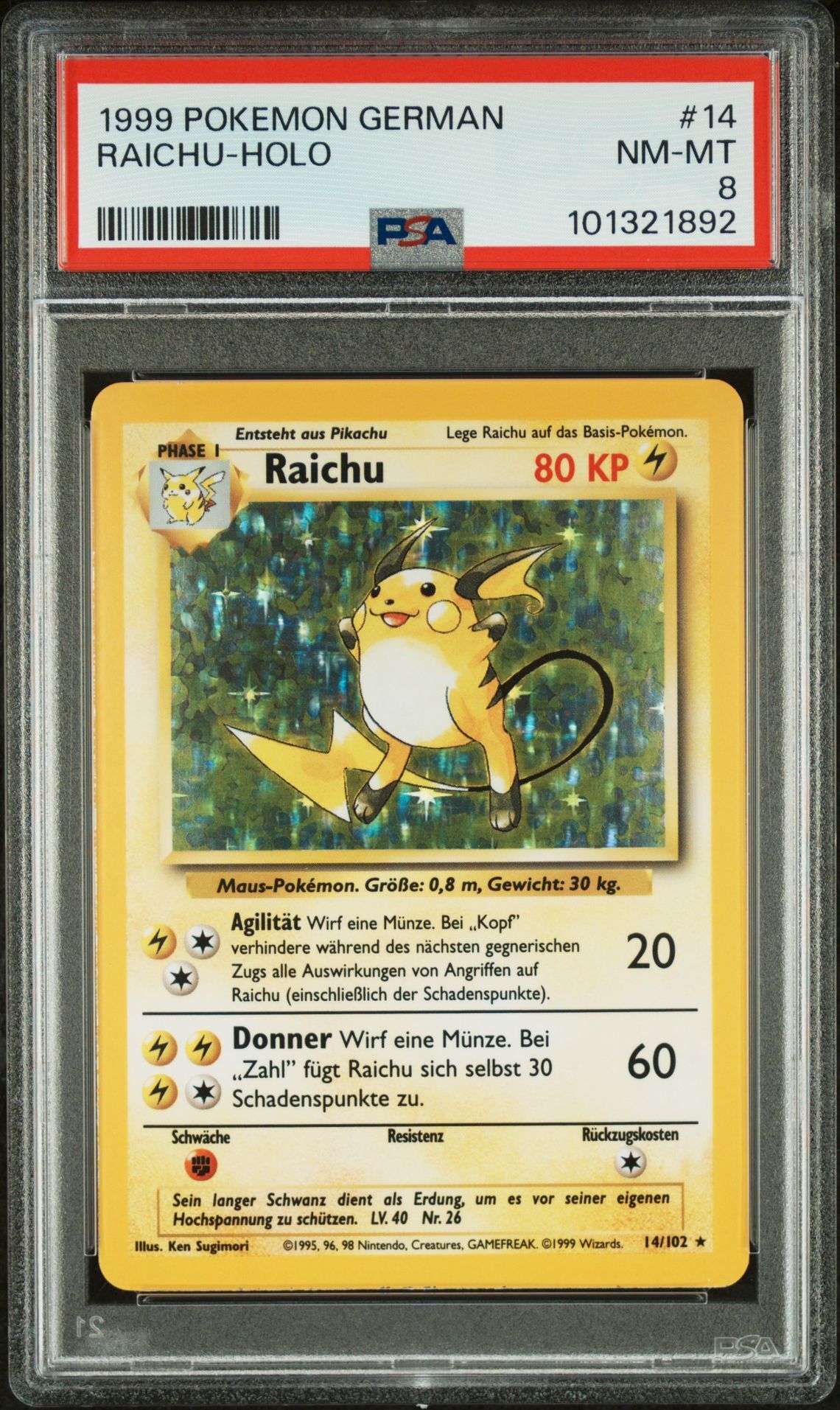 1999 POKEMON GERMAN 14 RAICHU-HOLO - PSA 8 NM-MT - Pokémon