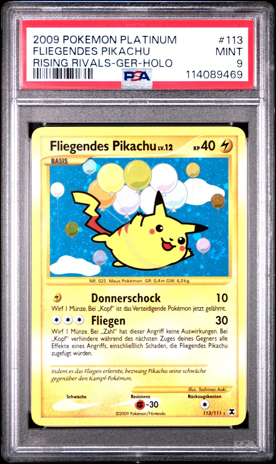 2009 POKEMON PLATINUM RISING RIVALS 113 FLIEGENDES PIKACHU-HOLO GERMAN - PSA 9 MINT - Pokémon