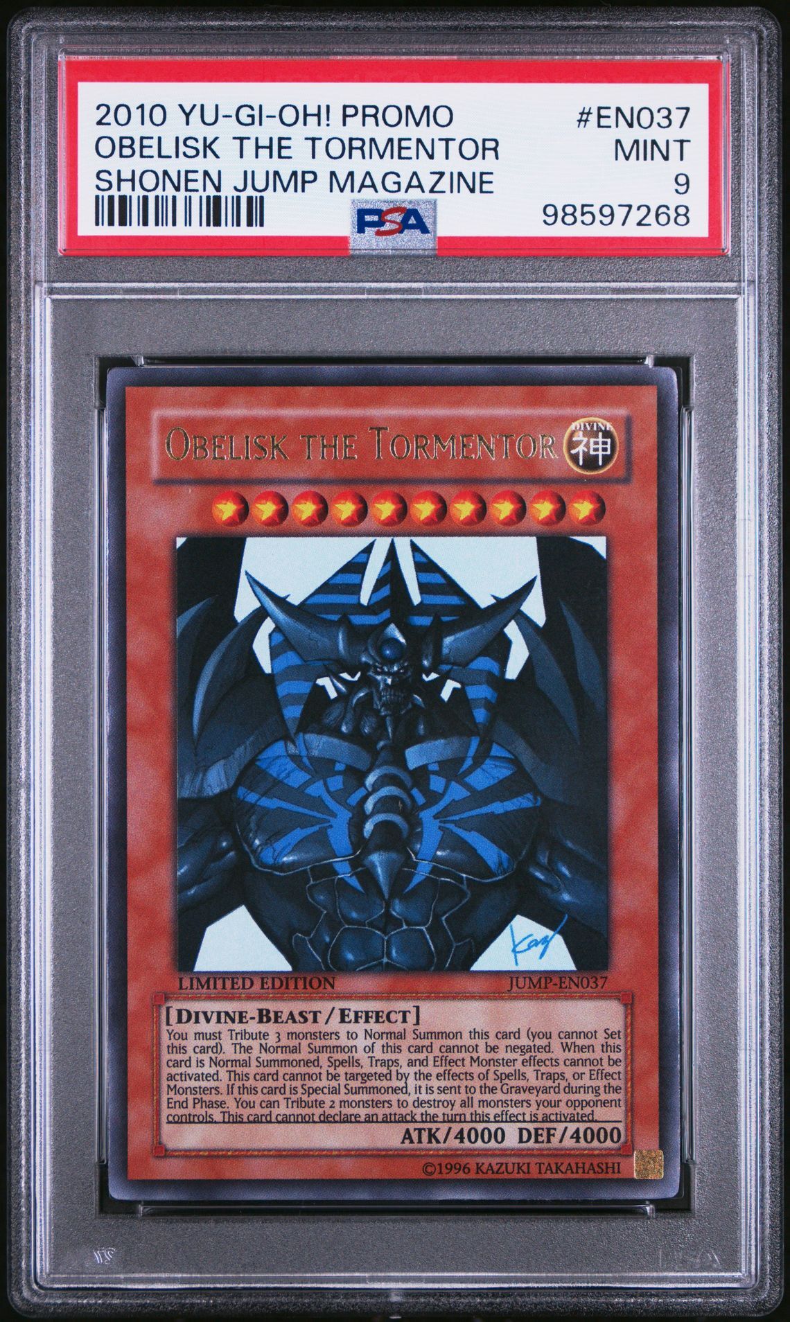 2010 YU-GI-OH! PROMO SHONEN JUMP MAGAZINE EN037 OBELISK THE TORMENTOR - PSA 9 MINT - Yu-Gi-Oh! 2010 YU-GI-OH! PROMO SHONEN JUMP MAGAZINE EN037 OBELISK THE TORMENTOR - PSA 9 MINT - Yu-Gi-Oh!