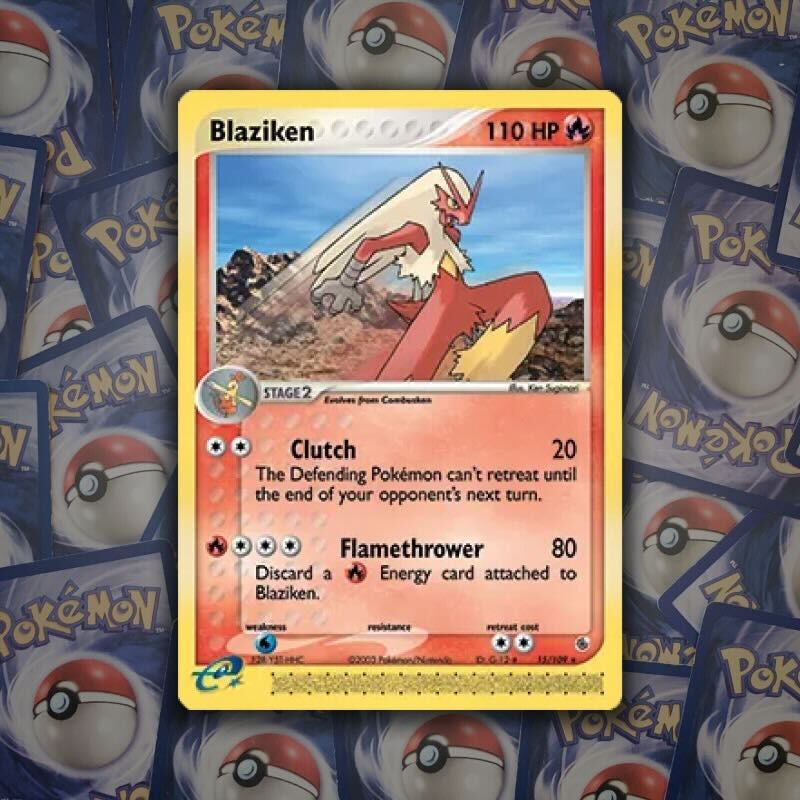 Lohgock (Blaziken) Pokémon-Karte, beliebtes Feuer-Pokémon der 3. Generation aus Blaziken Pokémon card, popular Fire-type Pokémon of the 3rd generation from Hoenn