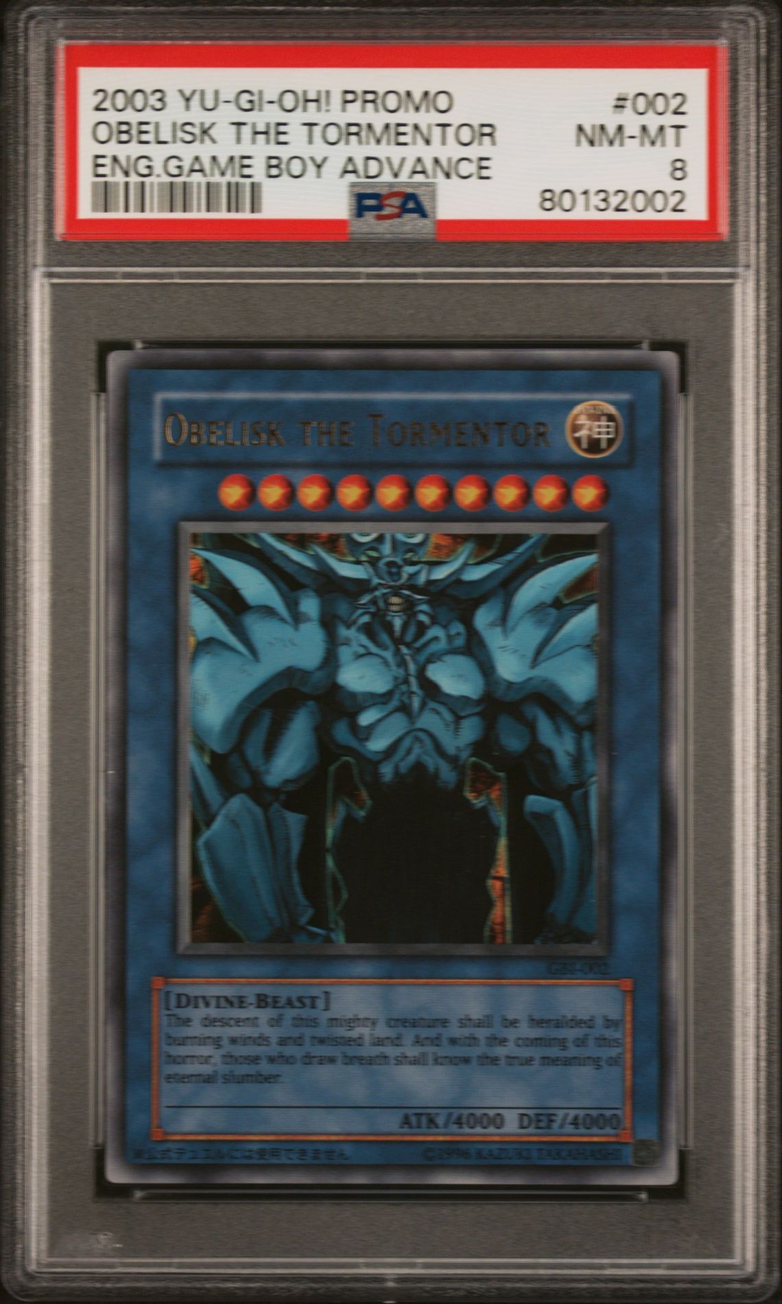 2003 YU-GI-OH! PROMO 002 OBELISK THE TORMENTOR ENGLISH GAME BOY ADVANCE - PSA 8 NM-MT