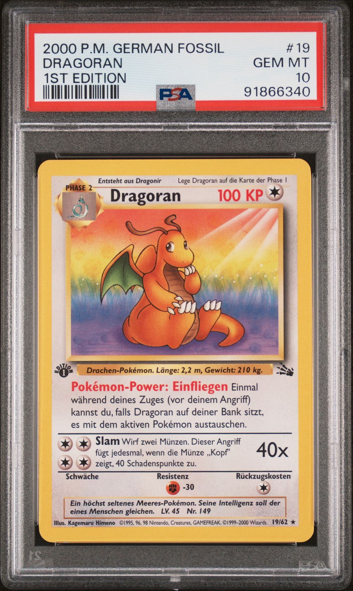 2000 POKEMON GERMAN FOSSIL 19 DRAGORAN 1ST EDITION - PSA 10 GEM-MT - Pokémon