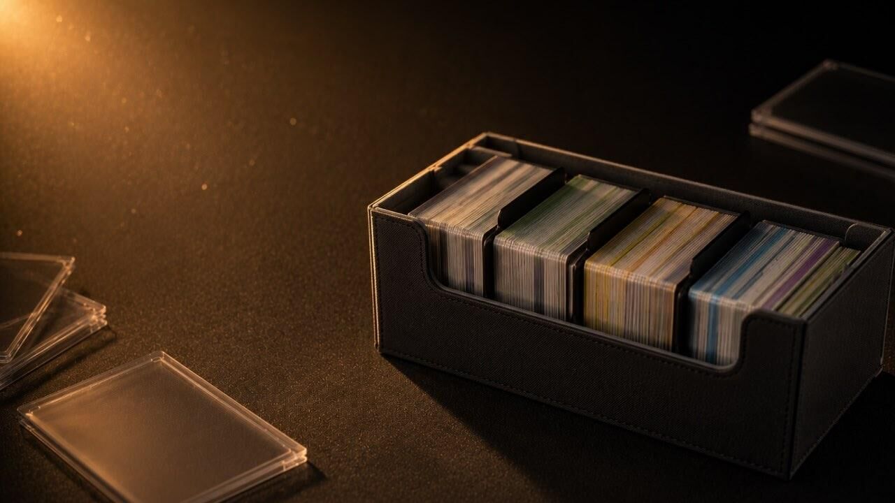Pokémon Karten sortieren: So bringst du Ordnung in deine Sammlung Sammelkartenbox mit nach Trennern sortierten Pokémon-Karten und Toploadern