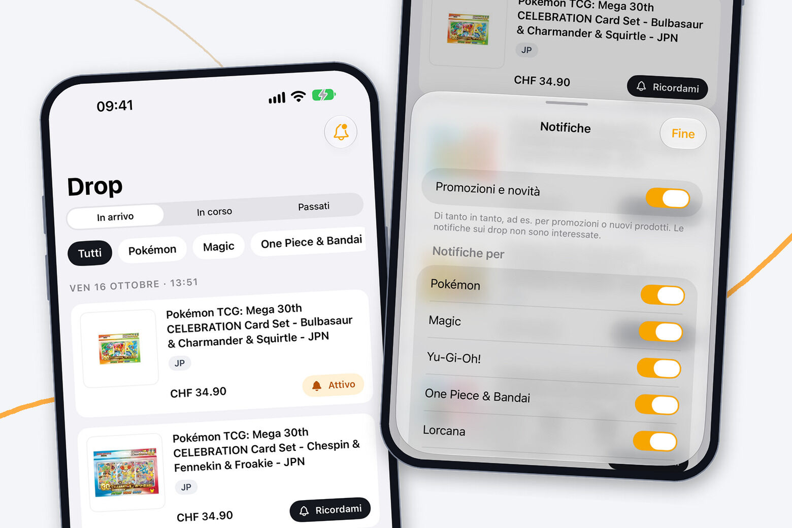 Due iPhone con l'app AMAZINGTOYS®: a sinistra la scheda Drop con “Ricordami” e un promemoria attivo, a destra le notifiche per gioco