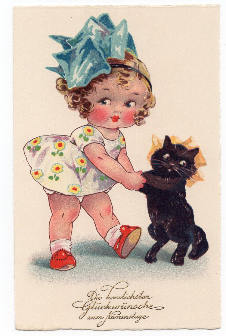 Dolly Postkarte Mädchen mit schwarzer Katze