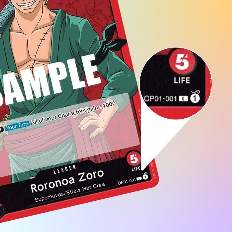 One Piece TCG Leader-Karte Roronoa Zoro, Raritätscode OP01-001 L in der Lupe hervorgehoben