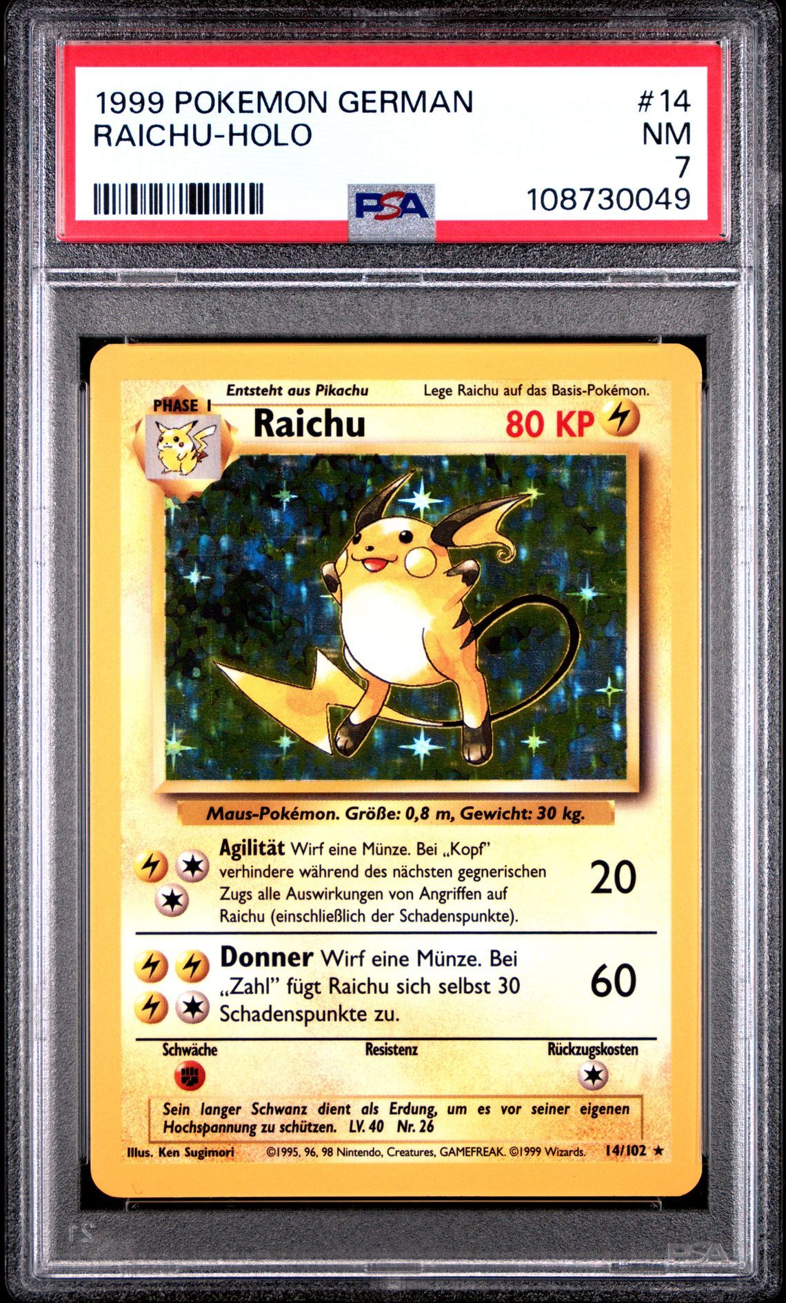 1999 POKEMON GERMAN 14 RAICHU-HOLO - PSA 7 NM - Pokémon