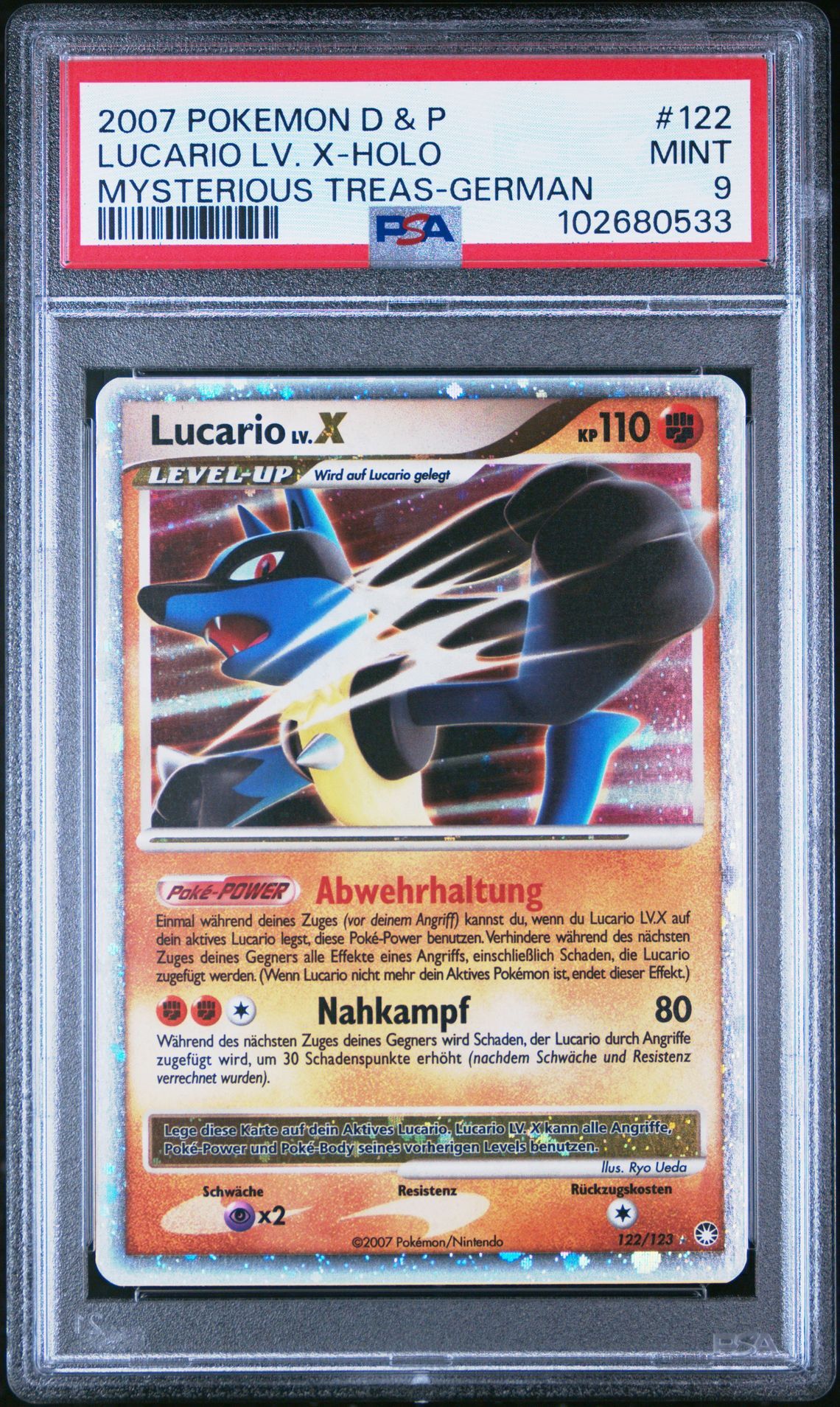 2007 POKEMON DIAMOND & PEARL MYSTERIOUS TREASURES 122 LUCARIO LV. X-HOLO GERMAN - PSA 9 MINT - Pokémon 2007 POKEMON DIAMOND & PEARL MYSTERIOUS TREASURES 122 LUCARIO LV. X-HOLO GERMAN - PSA 9 MINT - Pokémon