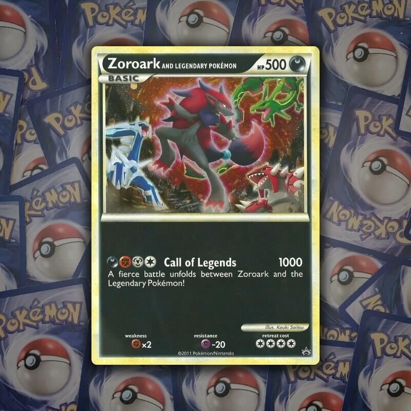 Promo card Zoroark and Legendary Pokémon with 500 HP and the attack Call of Lege Promo card Zoroark and Legendary Pokémon with 500 HP and the attack Call of Legends dealing 1000 damage