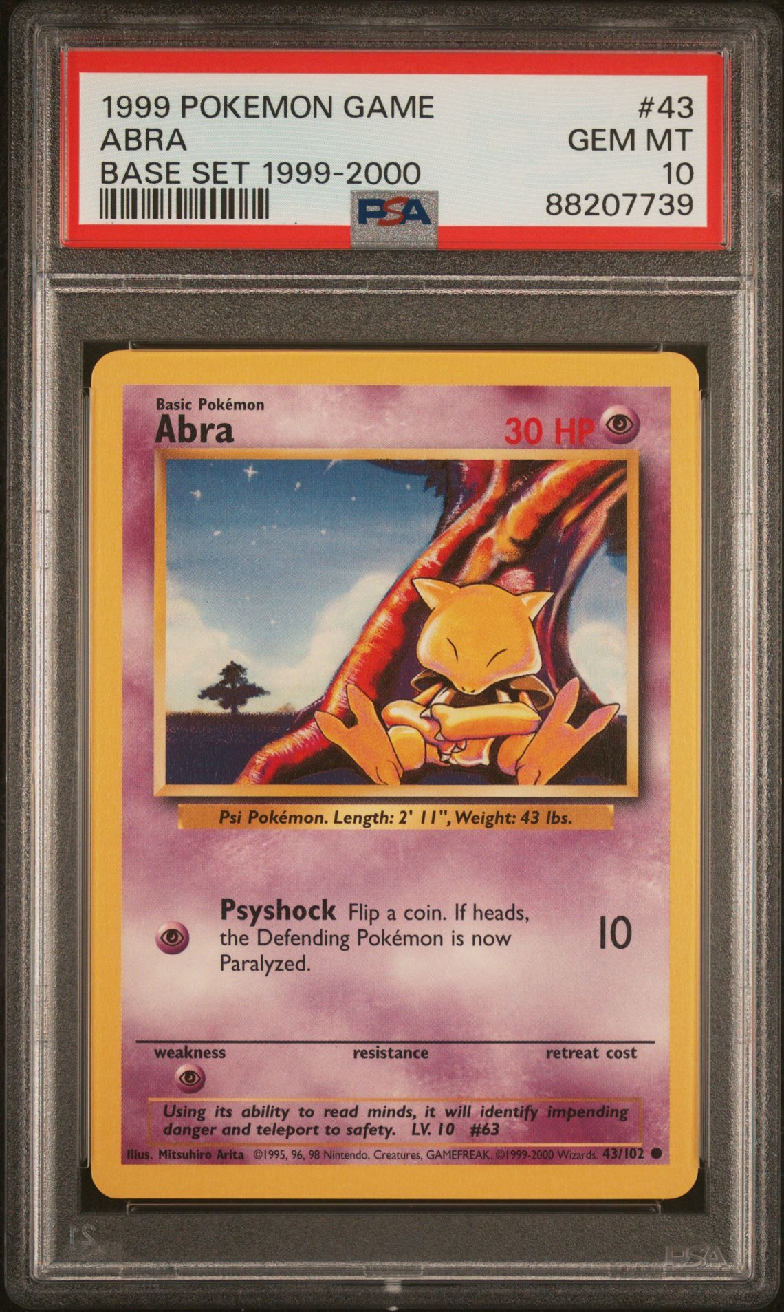 1999 POKEMON GAME 43 ABRA BASE SET 1999-2000 - PSA 10 GEM-MT - Pokémon 1999 POKEMON GAME 43 ABRA BASE SET 1999-2000 - PSA 10 GEM-MT - Pokémon