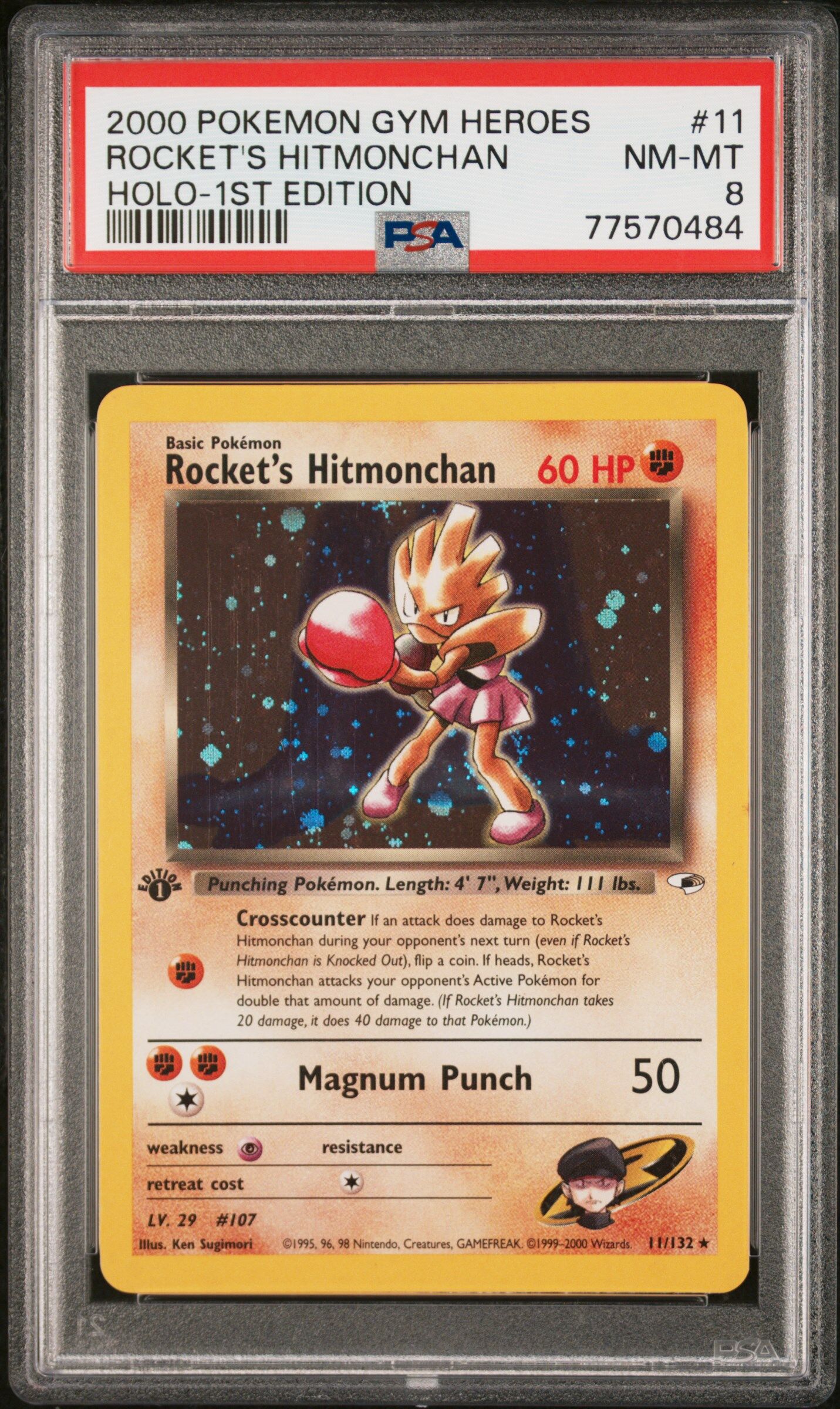 Rocket's Hotmonchan 11/132 - Gym Heroes - 1st Edition - Holo Rare - PSA 8 NM-MT- Pokémon