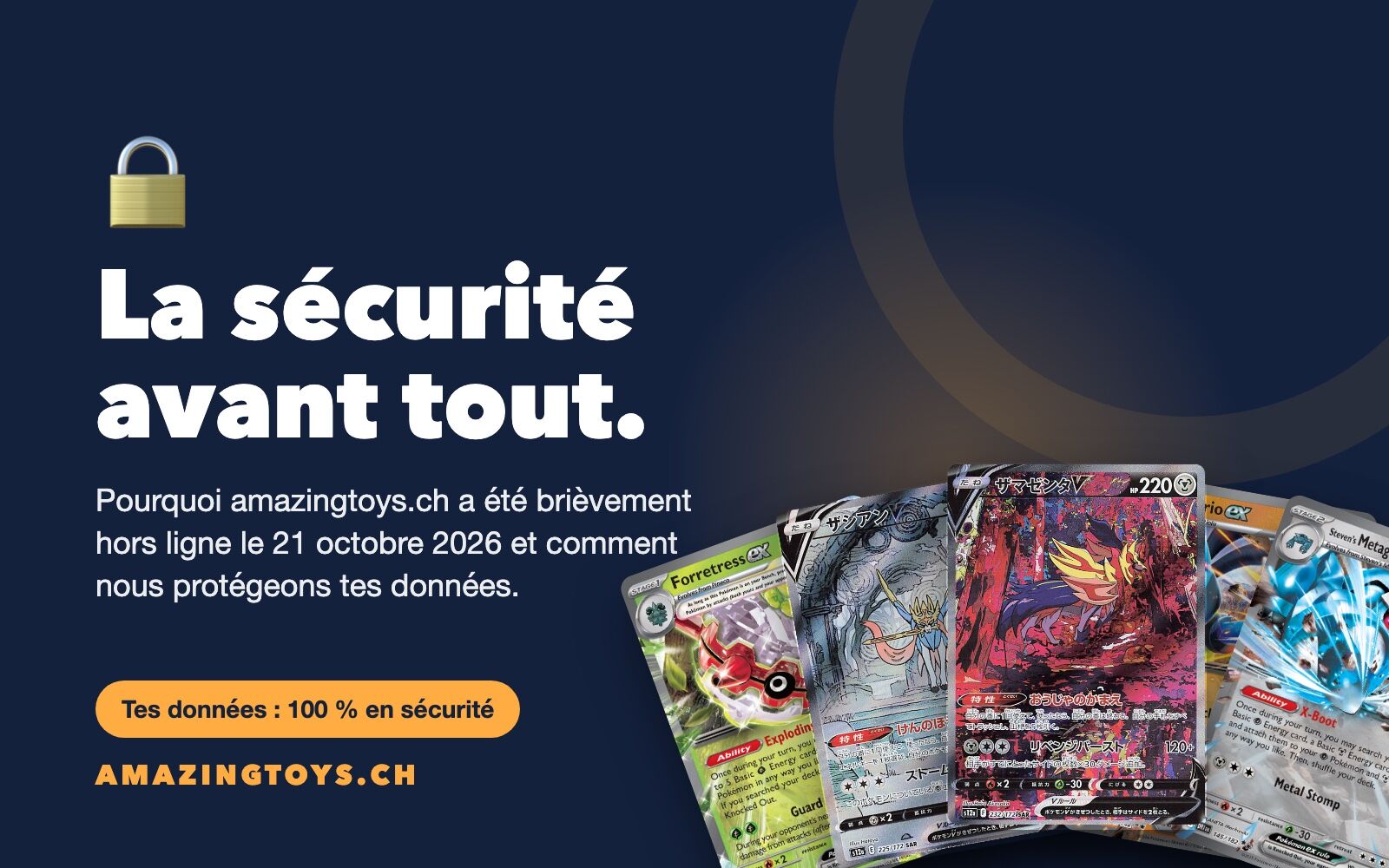 Visuel « La sécurité avant tout » d'AMAZINGTOYS® avec cadenas et cartes Pokémon sur l'interruption du 21 octobre 2026