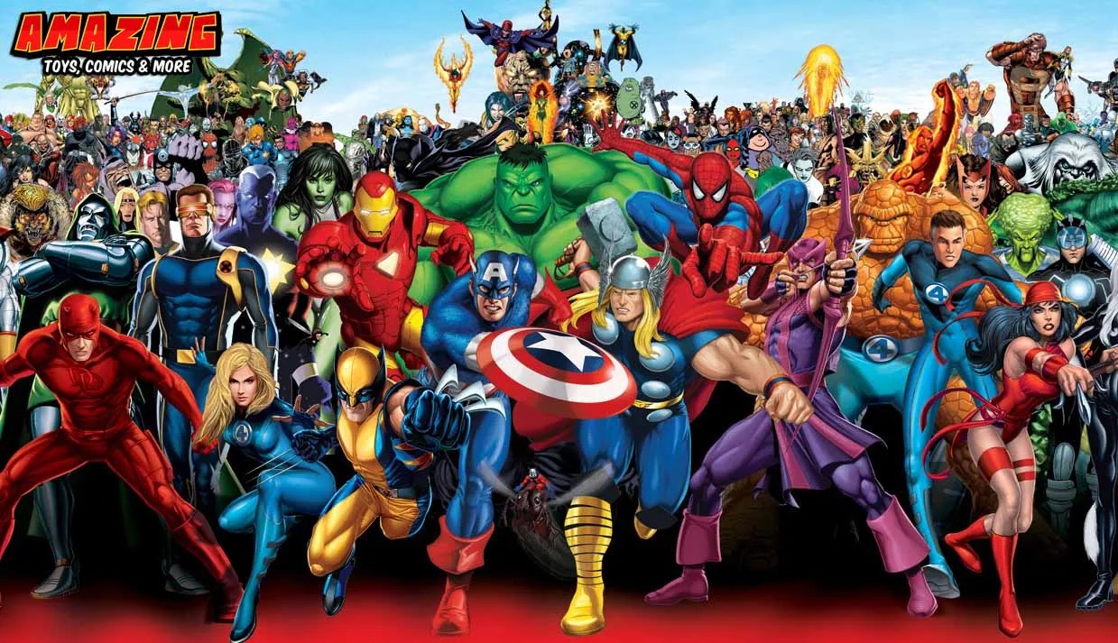 Etwas zum MARVEL Universum Grosse Gruppe von Marvel-Superhelden, darunter Captain America, Iron Man, Hulk, Thor, Spider-Man und Wolverine
