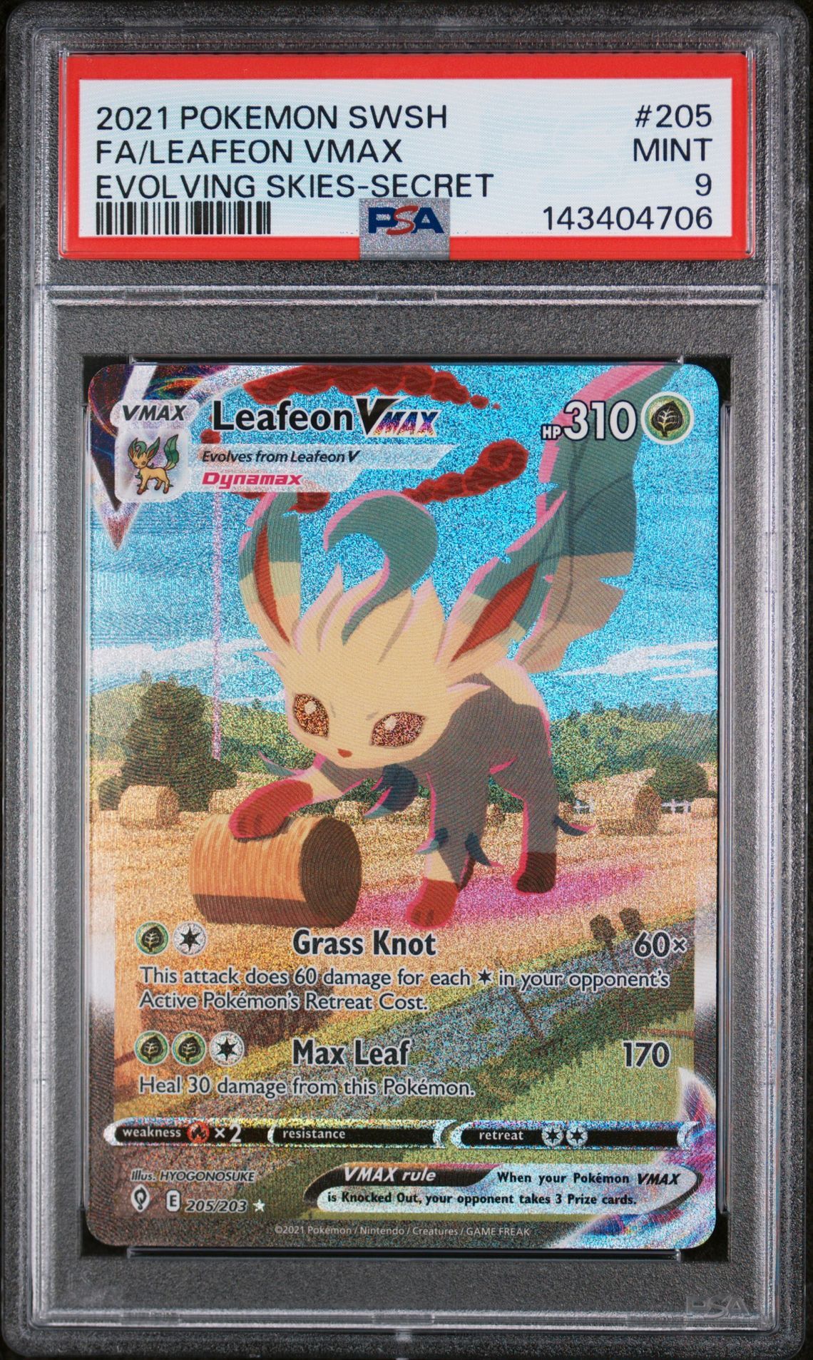 2021 POKEMON SWORD & SHIELD EVOLVING SKIES #205 FA/LEAFEON VMAX EVOLVING SKIES-SECRET - PSA 9 MINT - Pokemon