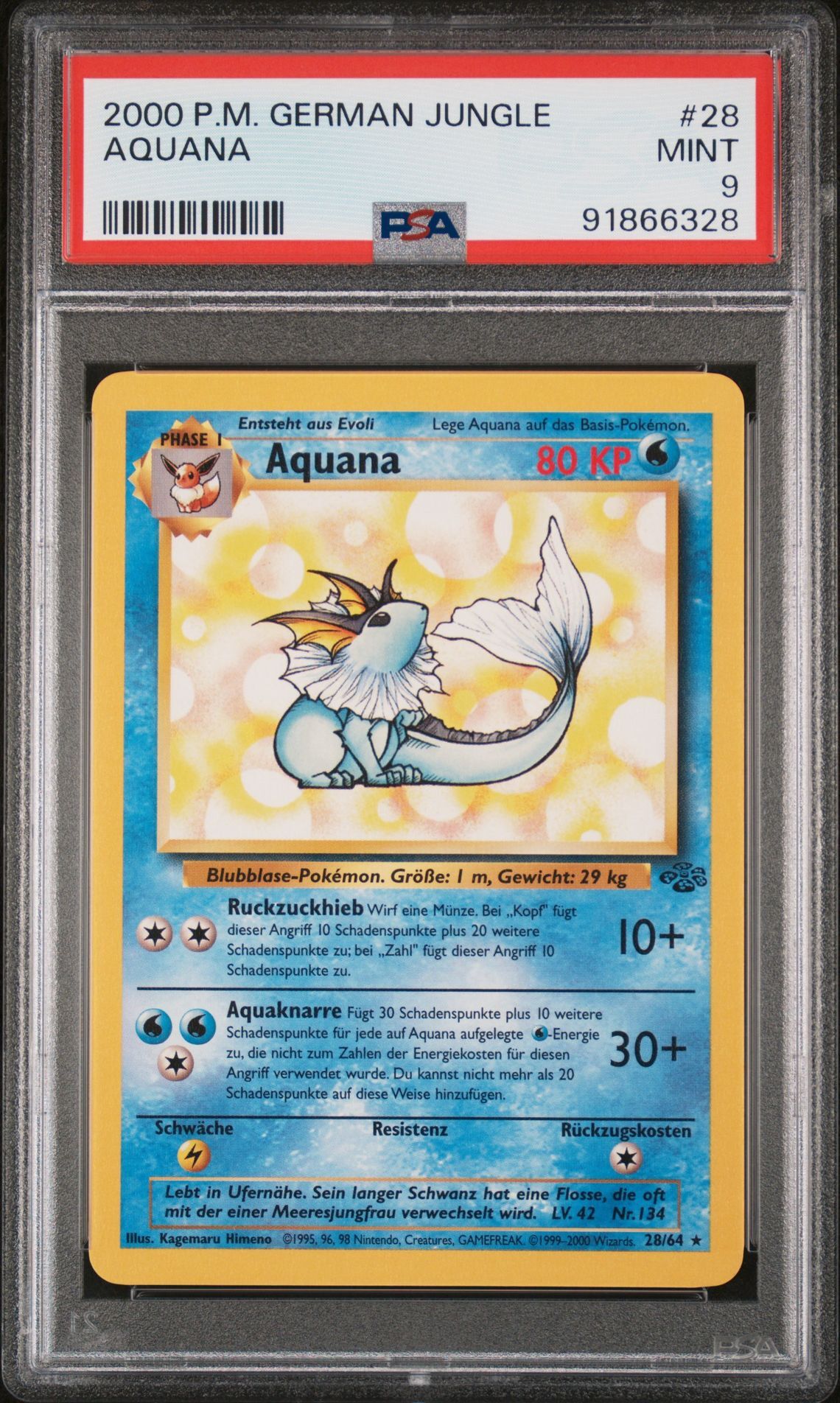 2000 POKEMON GERMAN JUNGLE 28 AQUANA - PSA 9 MINT - Pokémon 2000 POKEMON GERMAN JUNGLE 28 AQUANA - PSA 9 MINT - Pokémon