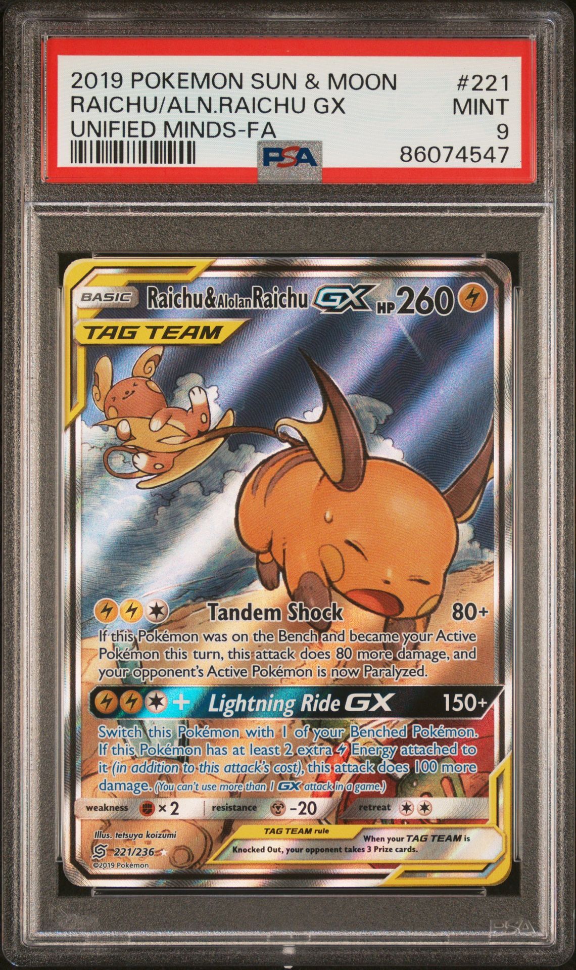 2019 POKEMON SUN & MOON UNIFIED MINDS 221 FULL ART/RAICHU & ALOLAN RAICHU GX - PSA 9 MINT