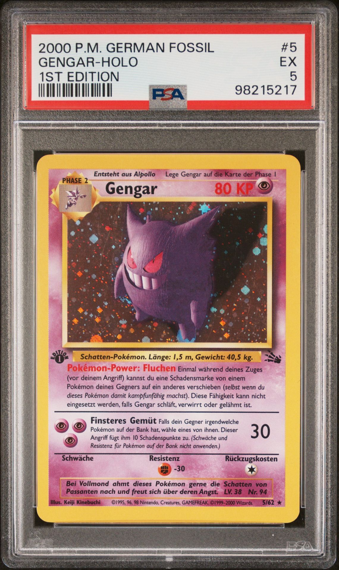 2000 POKEMON GERMAN FOSSIL 5 GENGAR-HOLO 1ST EDITION - PSA 5 EX - Pokémon 2000 POKEMON GERMAN FOSSIL 5 GENGAR-HOLO 1ST EDITION - PSA 5 EX - Pokémon