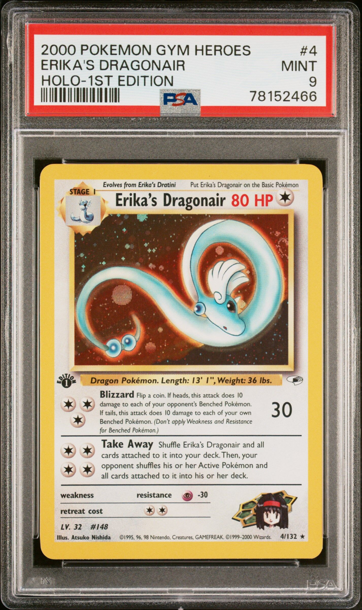 Erika's Dragonair 4/132 - Gym Heroes - 1st Edition - Holo Rare - PSA 9 MINT - Pokémon