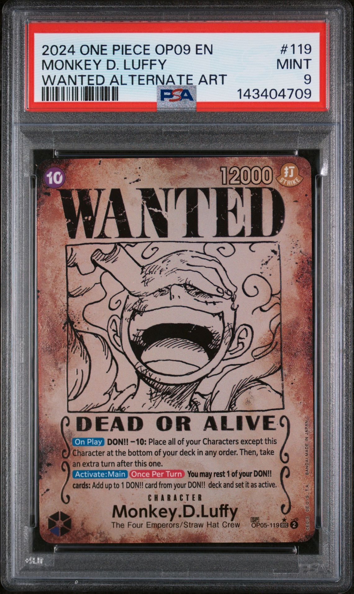 2024 ONE PIECE OP09-EMPERORS IN THE NEW WORLD #119 MONKEY D. LUFFY WANTED ALTERNATE ART - PSA 9 MINT - One Piece 2024 ONE PIECE OP09-EMPERORS IN THE NEW WORLD #119 MONKEY D. LUFFY WANTED ALTERNATE ART - PSA 9 MINT - One Piece