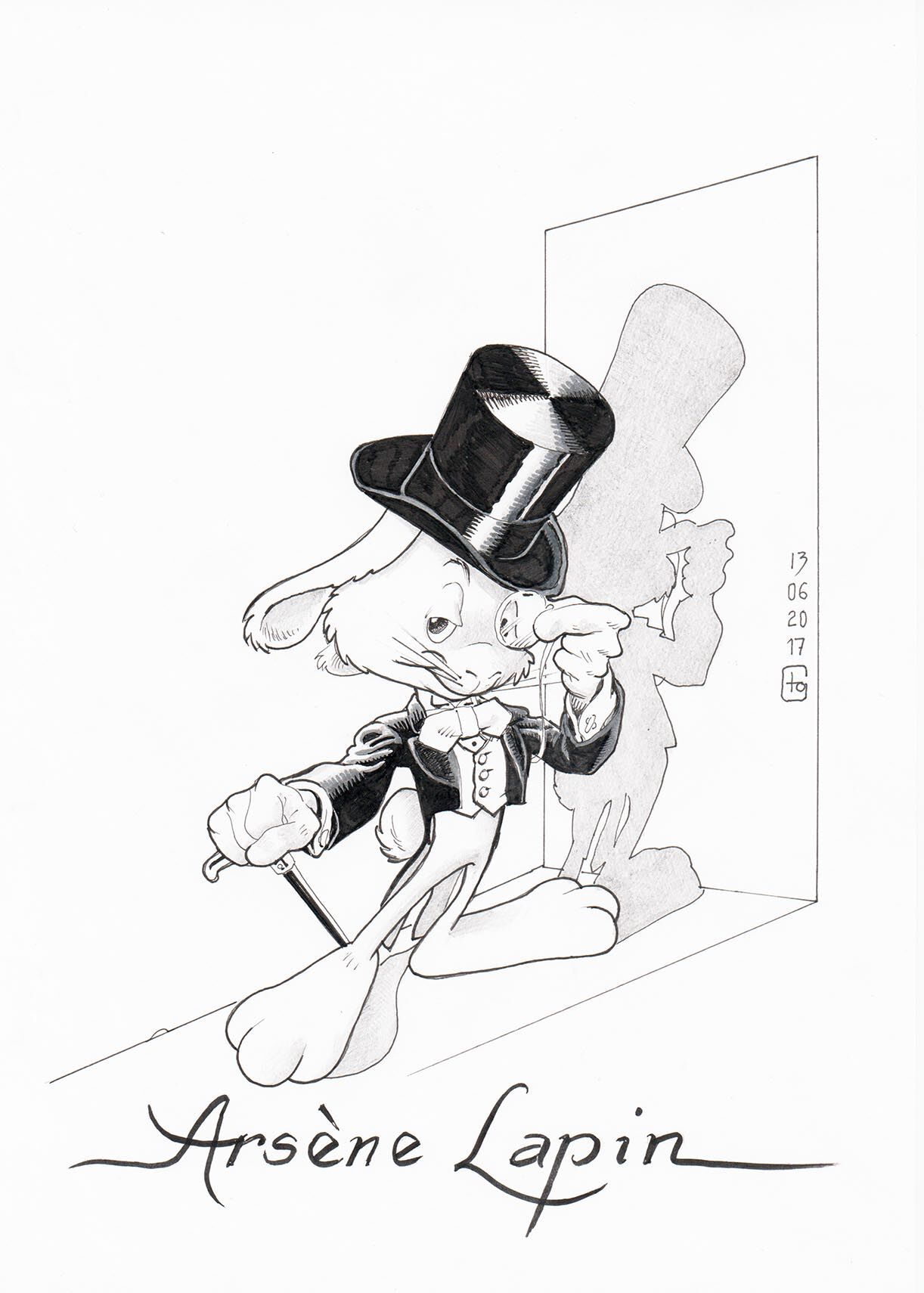 geissmann_super_bunny_als_arsene_lapin_2017 Super Bunny als Arsène Lapin Originalzeichnung