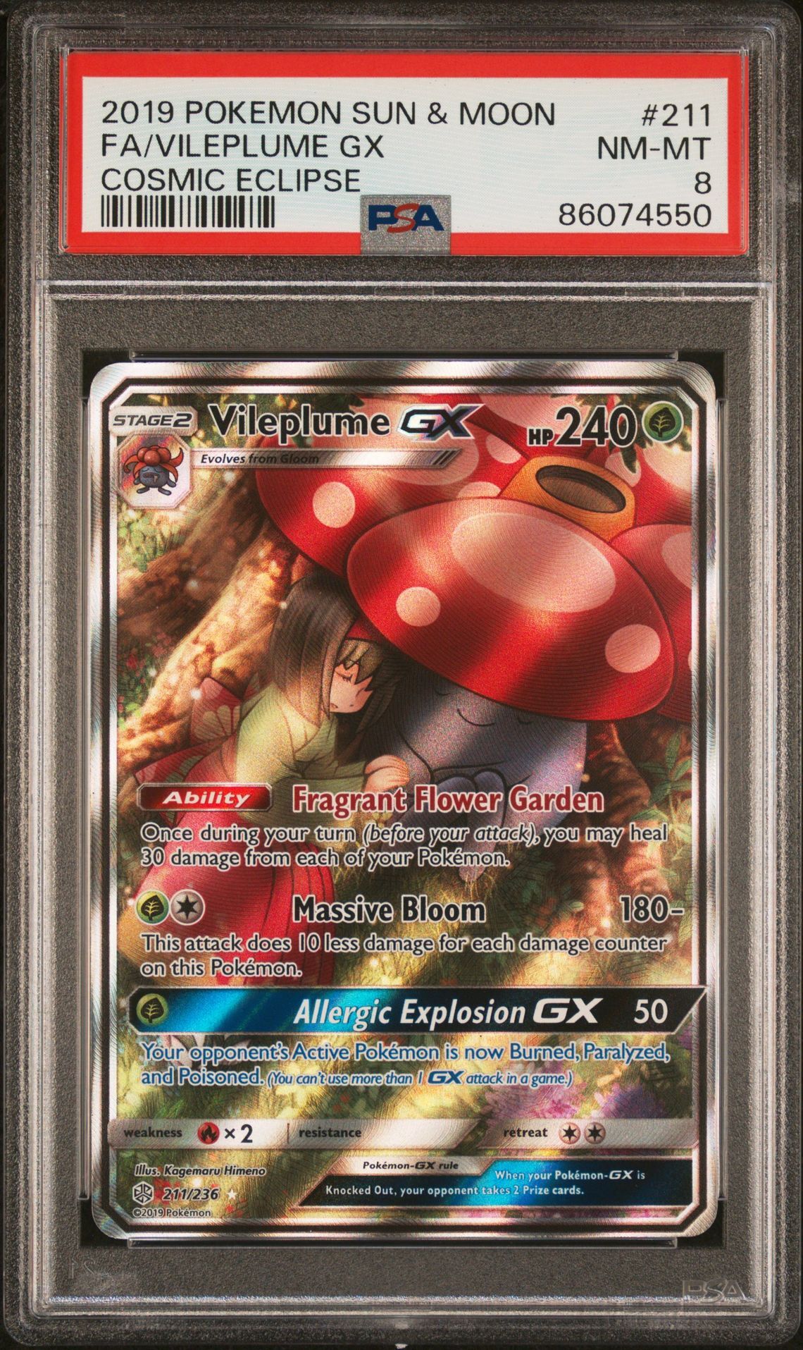 2019 POKEMON SUN & MOON COSMIC ECLIPSE 211 FULL ART/VILEPLUME GX - PSA 8 NM-MT 2019 POKEMON SUN & MOON COSMIC ECLIPSE 211 FULL ART/VILEPLUME GX - PSA 8 NM-MT