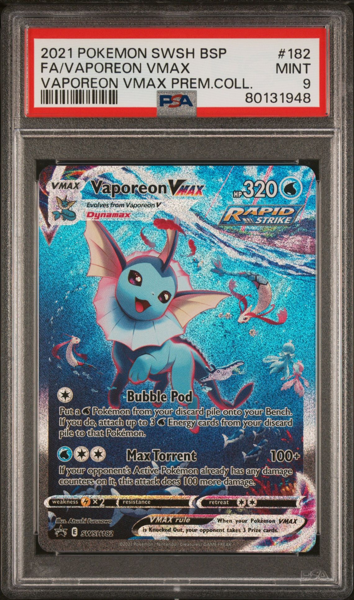 2021 POKEMON SWSH BLACK STAR PROMO 182 FULL ART/VAPOREON VMAX VAPOREON VMAX PREMIUM COLLECTION - PSA 9 MINT 2021 POKEMON SWSH BLACK STAR PROMO 182 FULL ART/VAPOREON VMAX VAPOREON VMAX PREMIUM COLLECTION - PSA 9 MINT