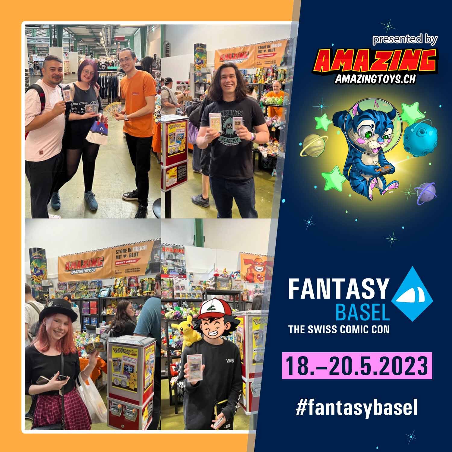 Fantasy Basel 2023 x AMAZINGTOYS®-Community Recap Fotocollage vom AMAZINGTOYS® Stand an der Fantasy Basel 2023 mit Besuchern, Sammelkarten und Mystery Machine