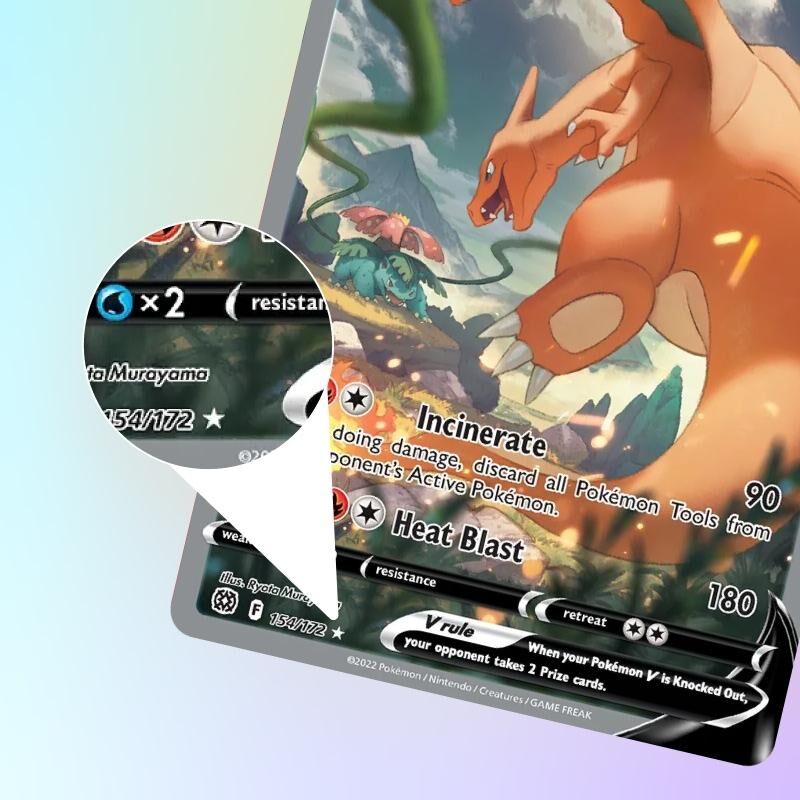 Pokémon-Karte Glurak V als Full-Art mit vergrösserter Kartennummer 154/172 und Raritätsstern