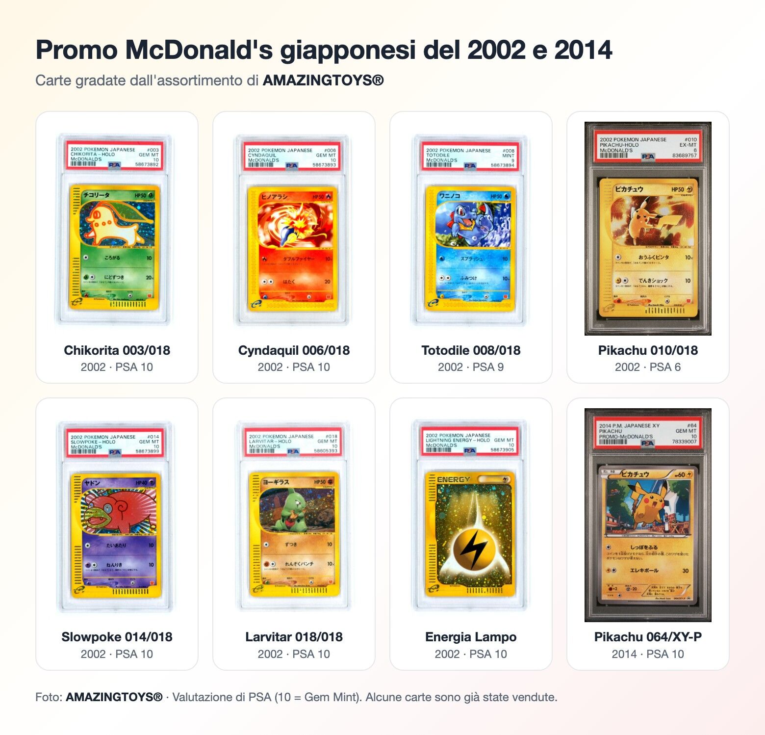 Carte promo McDonald's giapponesi gradate del 2002 e Pikachu 064/XY-P del 2014 dall'assortimento AMAZINGTOYS