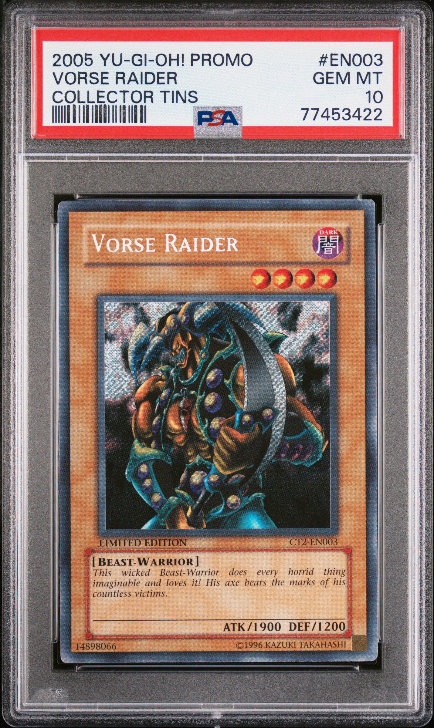 Vorse Raider CT2-EN003 - Collectible Tin Promo - Secret Rare - PSA 10 GEM MT - Yu-Gi-Oh! Vorse Raider CT2-EN003 - Collectible Tin Promo - Secret Rare - PSA 10 GEM MT - Yu-Gi-Oh!