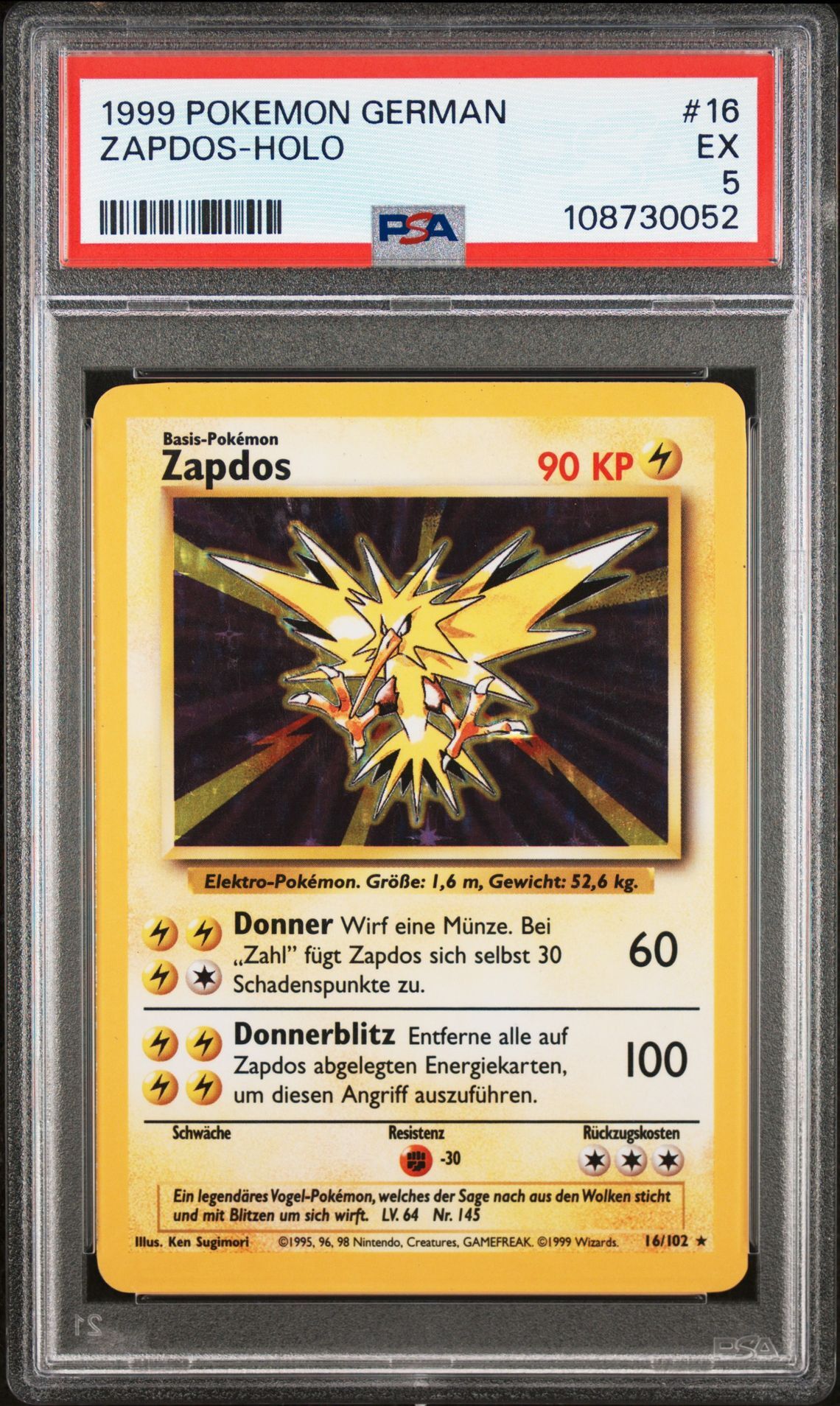 1999 POKEMON GERMAN 16 ZAPDOS-HOLO - PSA 5 EX - Pokémon