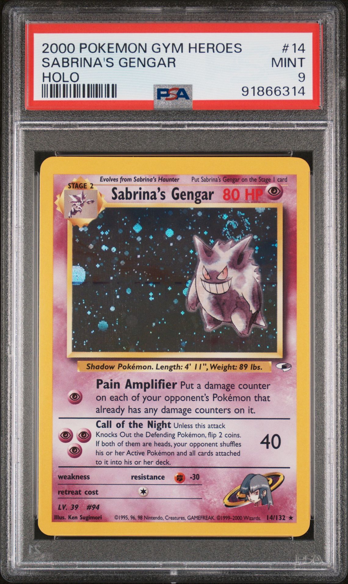 2000 POKEMON GYM HEROES 14 SABRINA'S GENGAR HOLO - PSA 9 MINT - Pokémon