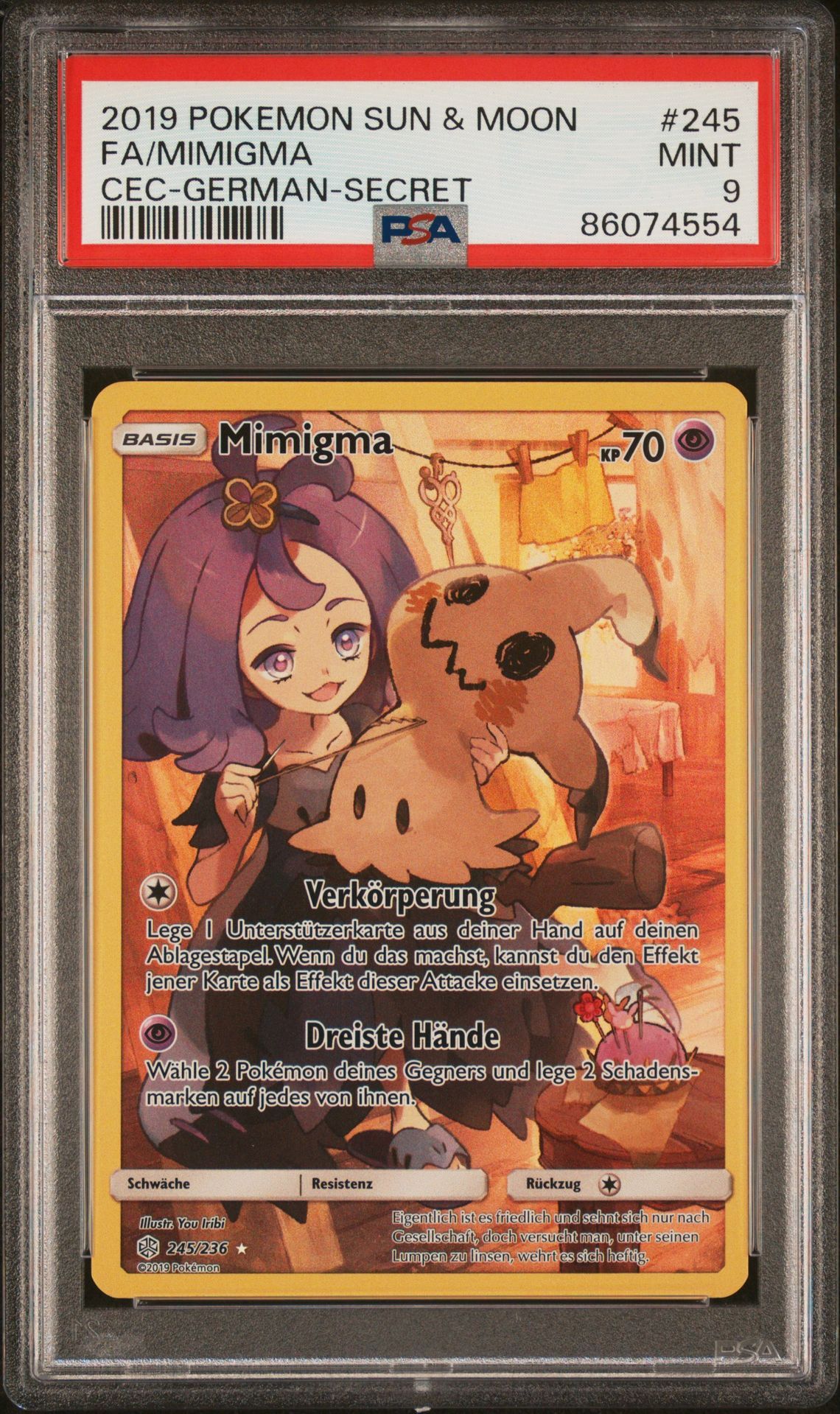 2019 POKEMON SUN & MOON COSMIC ECLIPSE 245 FULL ART/MIMIGMA GERMAN-SECRET - PSA 9 MINT 2019 POKEMON SUN & MOON COSMIC ECLIPSE 245 FULL ART/MIMIGMA GERMAN-SECRET - PSA 9 MINT