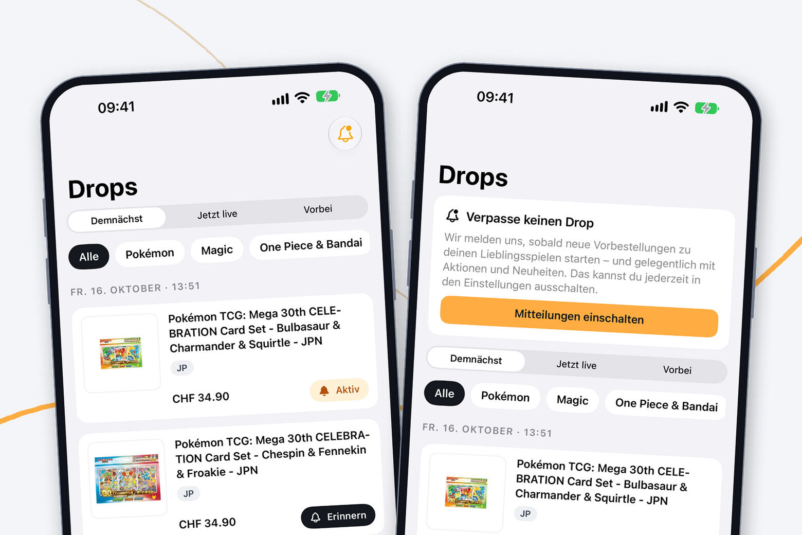 Zwei iPhones mit der AMAZINGTOYS®-App: Tab Drops mit «Erinnern» und aktiver Erinnerung, daneben «Verpasse keinen Drop» mit «Mitteilungen einschalten»
